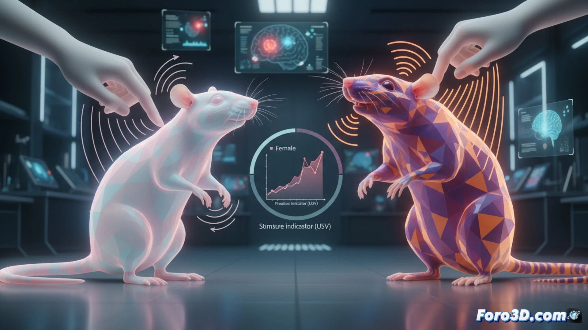 Visualización 3D de ratas en laboratorio mostrando cosquillas suaves e intensas con datos de vocalizaciones ultrasónicas