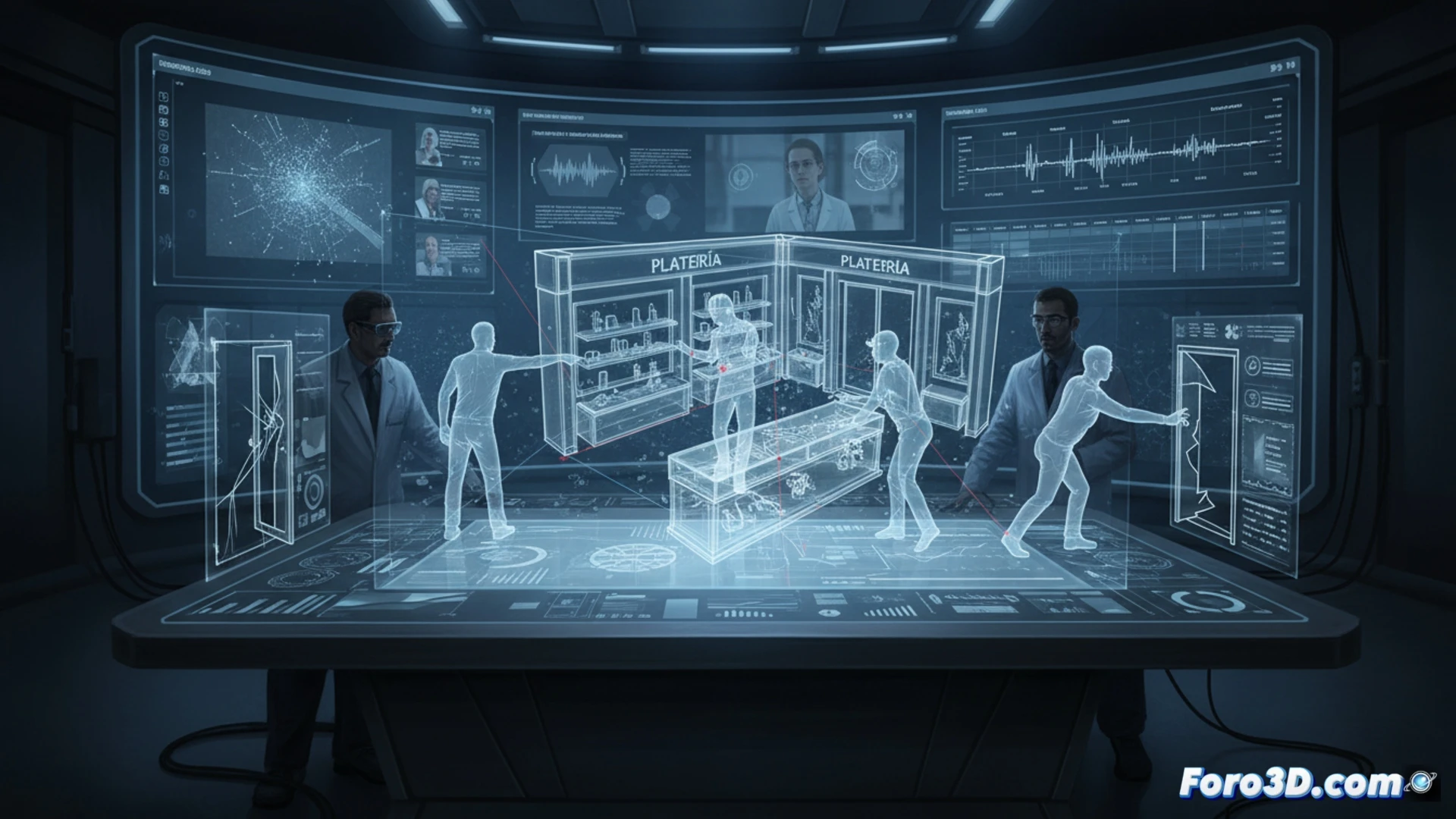 Gemelo digital de platería con superposición de trayectorias de testigos en reconstrucción forense 3D