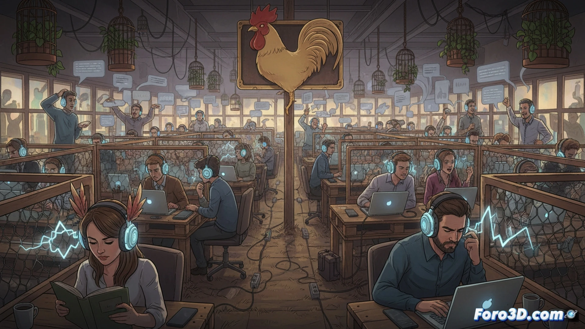 open-plan office space during chaotic coworking scene, isolated worker at desk wearing noise-cancelling headphones, laptop screen displaying fragmented code and error messages, hands typing frantically while surrounded by visible sound waves and overlapping conversations, coffee cup with cold liquid, tangled cables hanging from desk, exposed server rack in background with blinking red lights, fluorescent ceiling lights casting harsh shadows on modular furniture, cinematic photorealistic render, dramatic low-angle perspective, claustrophobic atmosphere, dust particles in harsh light beams, ultra-detailed textures on plastic partitions and fabric chairs, technical documentary style