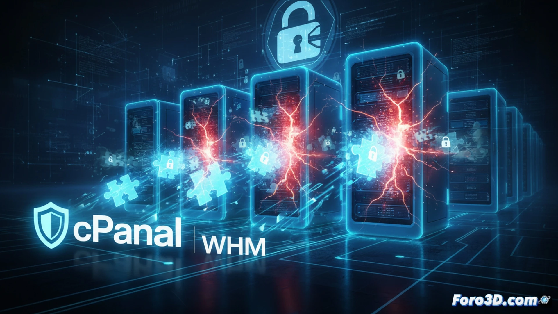 Un administrador frente a un panel de cPanel con alertas rojas y tres parches urgentes, mientras un escudo digital protege servidores de alojamiento web.