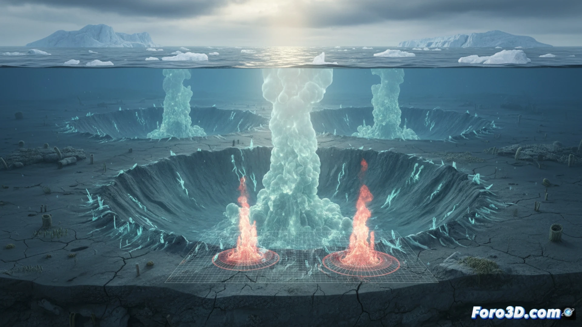 Cráteres de metano en lecho marino de Groenlandia, burbujas de gas emergiendo del agua helada, paisaje ártico desolado