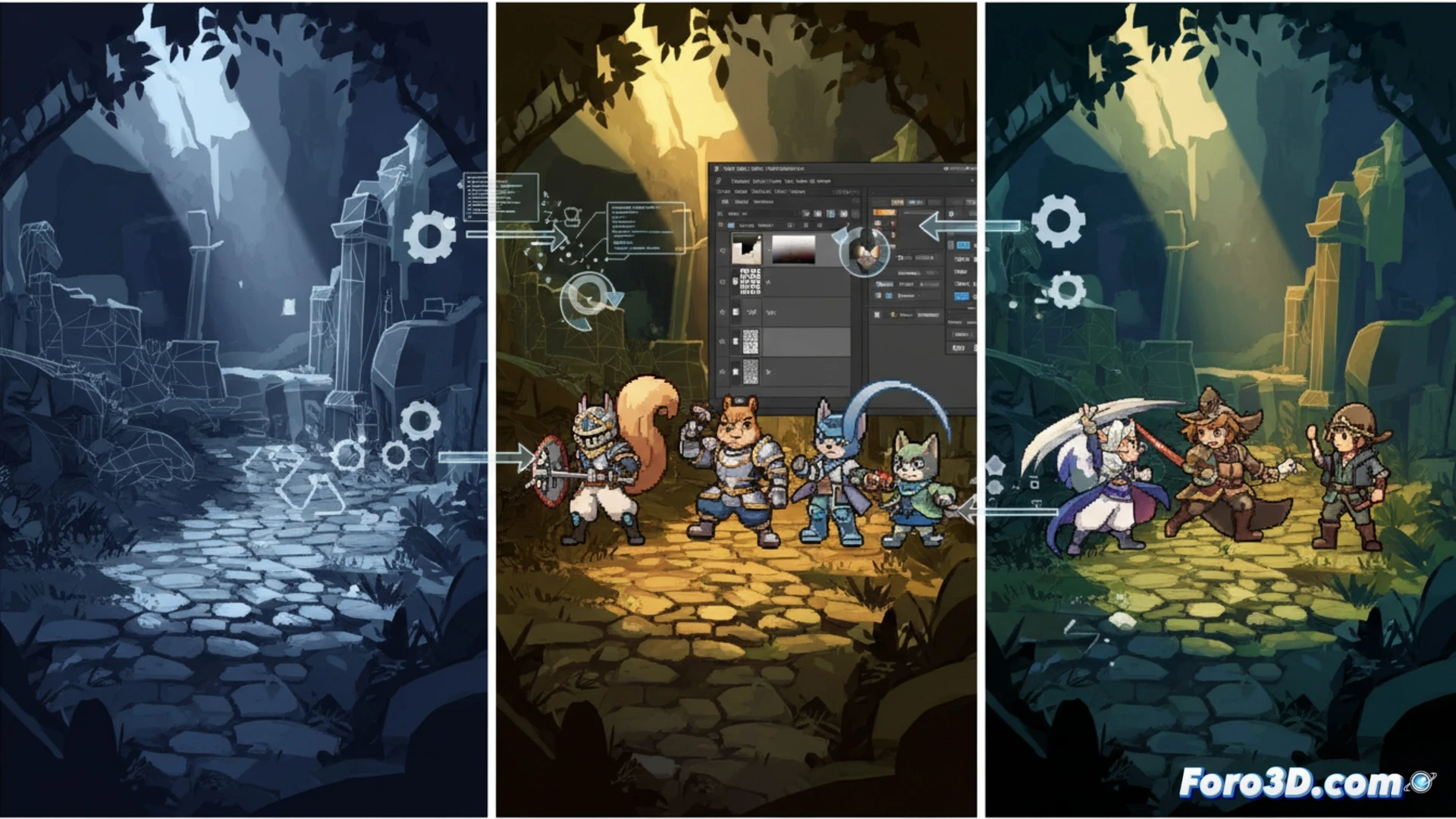 Eiyuden Chronicle Rising desarrollo 2.5D pipeline técnico Unity Blender Photoshop sprites personajes