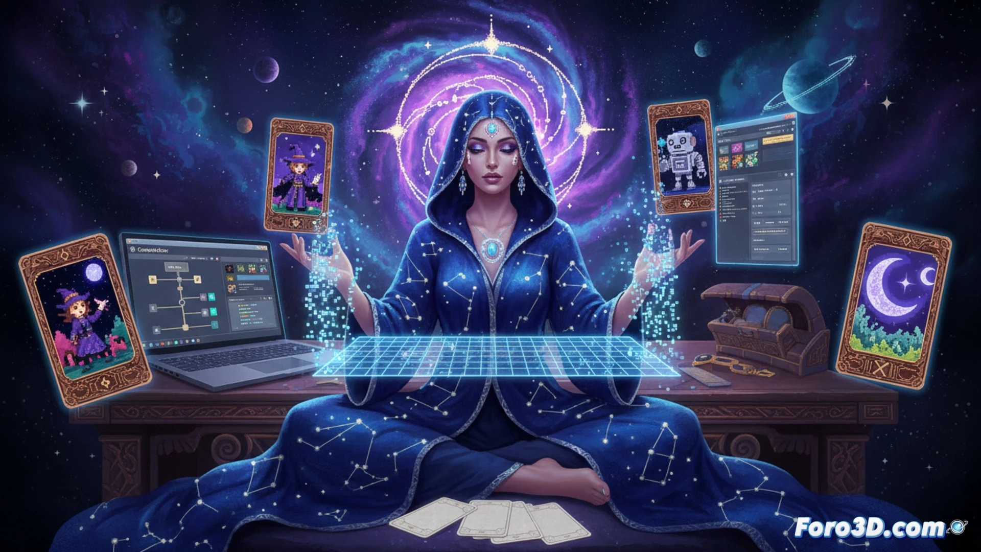 Pixel art de tarot cósmico en The Cosmic Wheel Sisterhood, juego narrativo de Deconstructeam