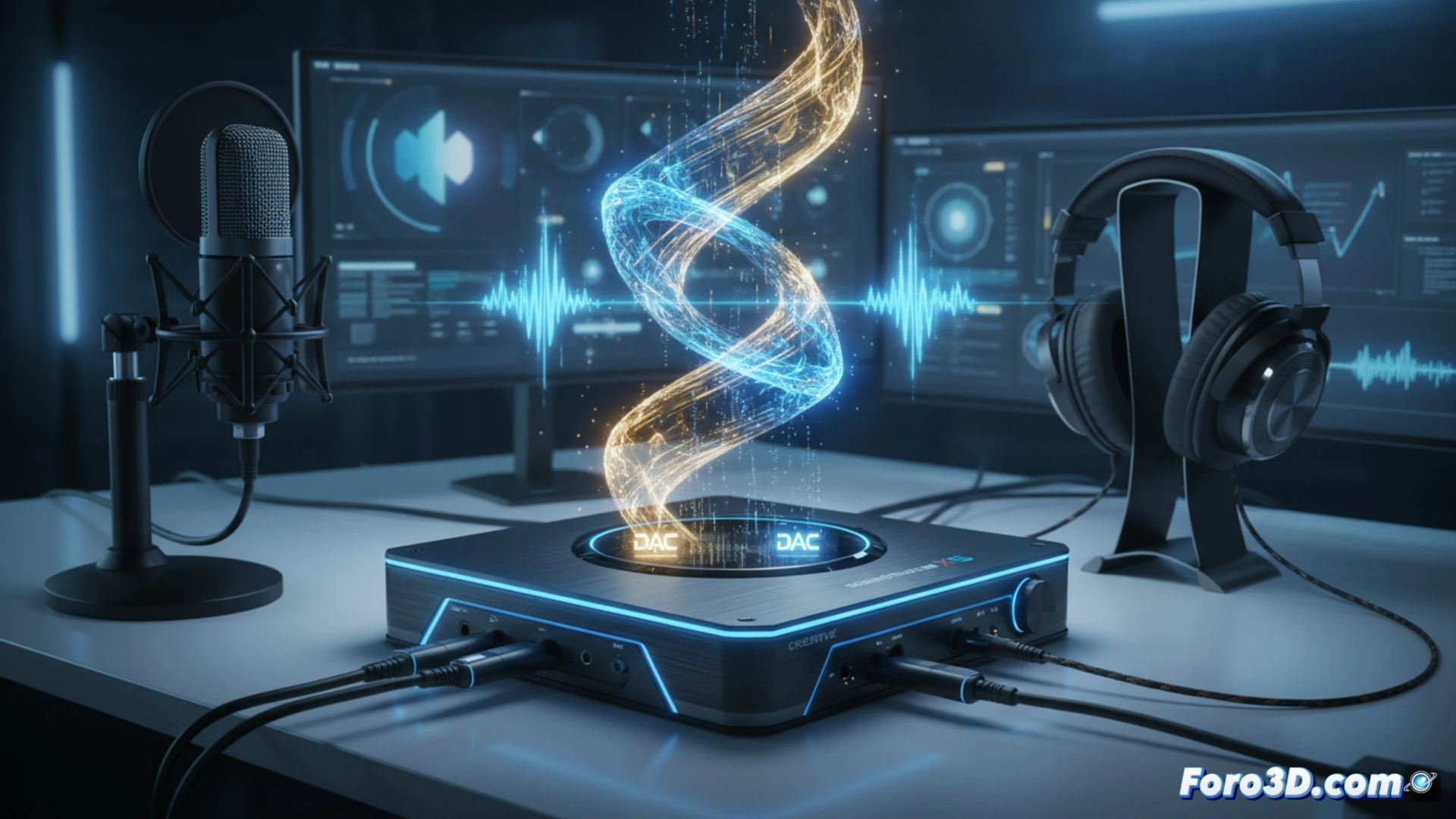 dual Cirrus Logic DACs inside a transparent Sound Blaster X5 chassis, glowing circuit traces showing signal separation, high-end headphones connected via balanced output, audio waveforms splitting into clean parallel streams on a monitor above, workstation desk with mixing software interface faintly visible, dust particles floating in a beam of cool blue LED light, cinematic engineering visualization, photorealistic metallic casing, macro lens focus on gold-plated connectors, extreme detail on PCB capacitors and resistors, dramatic dark studio ambiance with subtle reflections