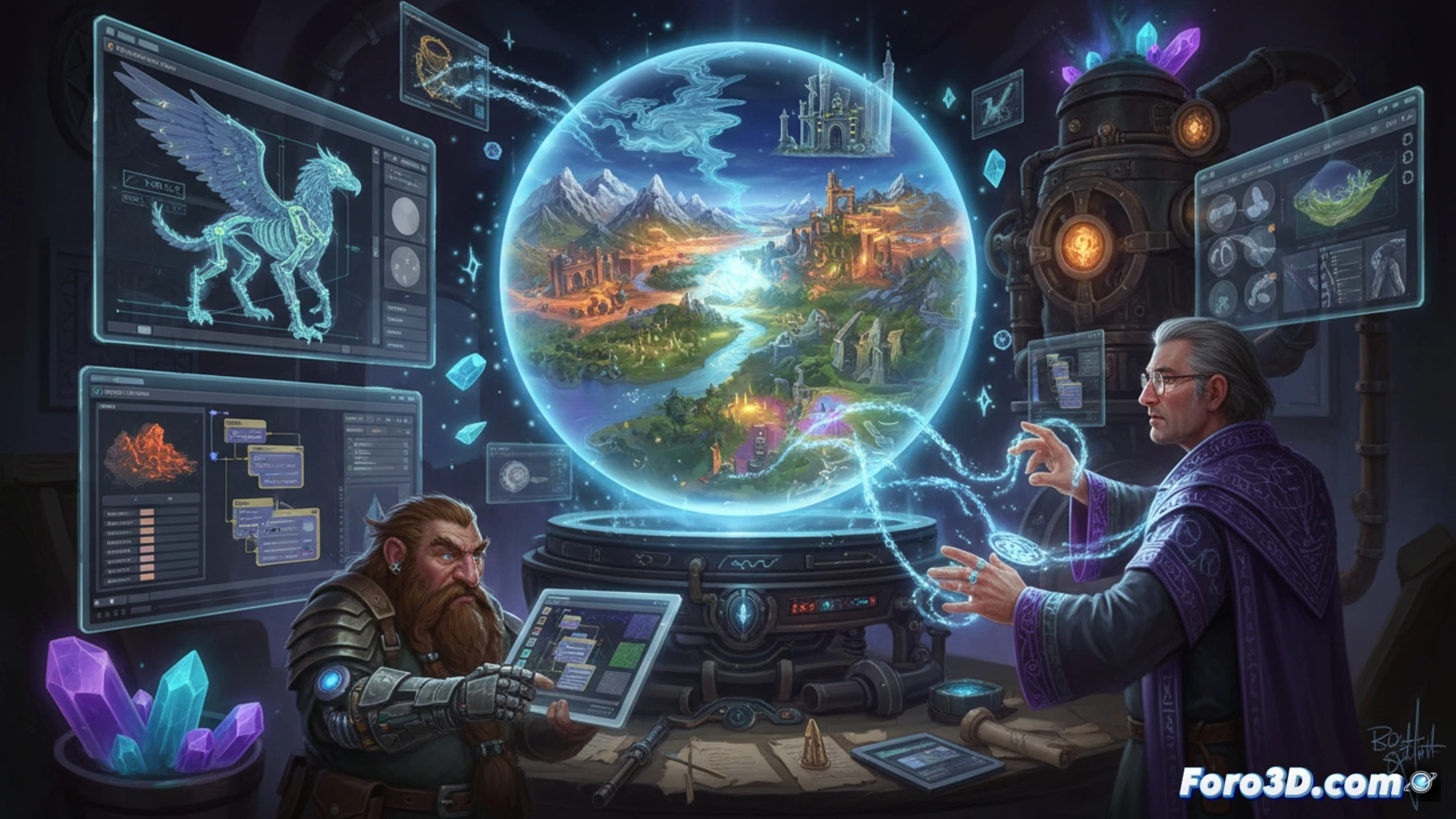 Interfaz de Creator Engine mostrando deformación de terreno y materiales procedurales en Age of Wonders 4