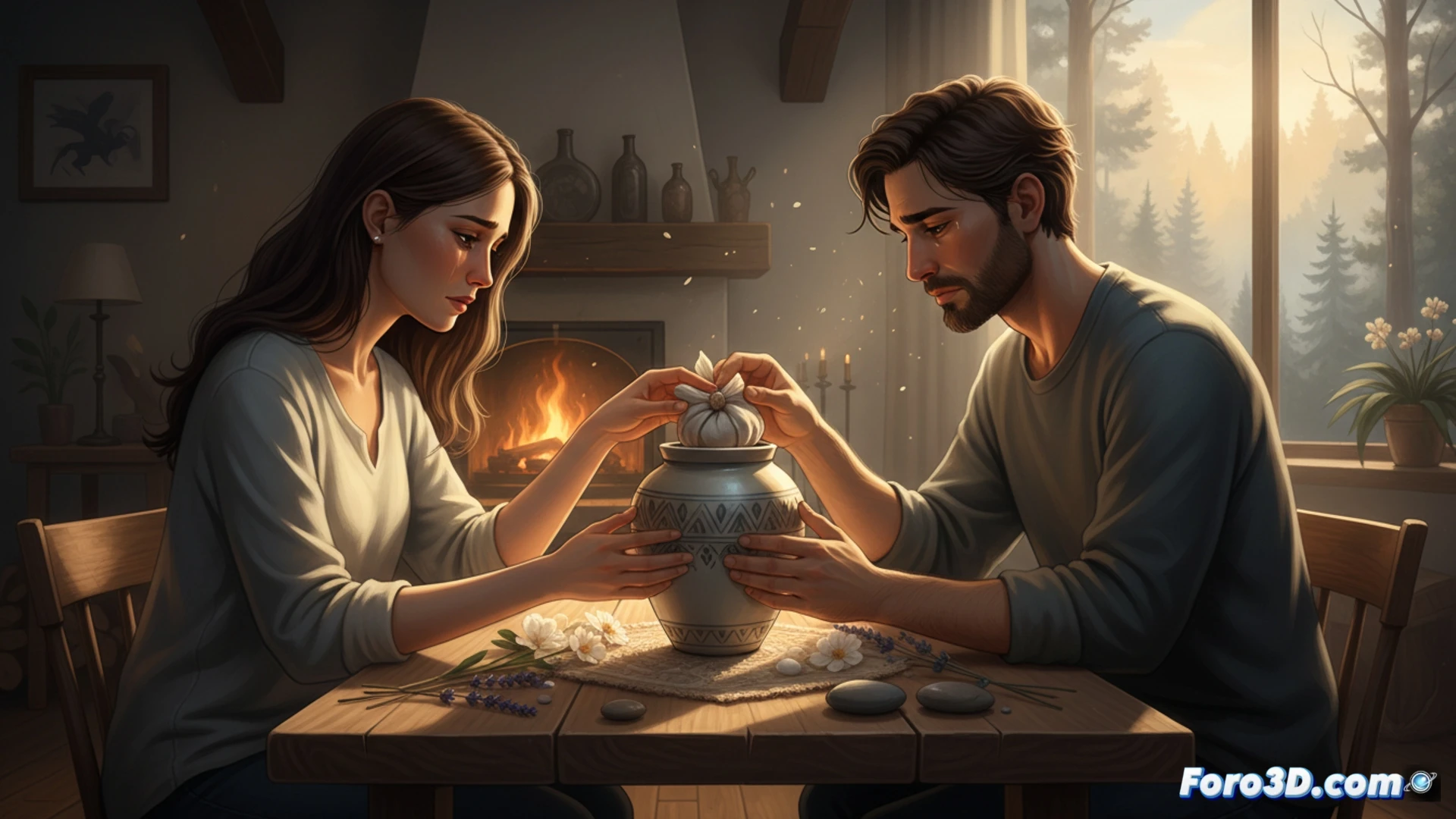 A medical waste incinerator chamber door opening, glowing embers inside, a small ceremonial urn placed on a sterile stainless steel tray nearby, hospital staff member gently handling the tray while wearing surgical gloves, soft natural light from a window illuminating the scene, calm and respectful atmosphere, photorealistic technical illustration, warm amber tones contrasting with cool clinical whites, fine details on the urn surface, dust particles floating in the air, emotional stillness captured during the ritual process