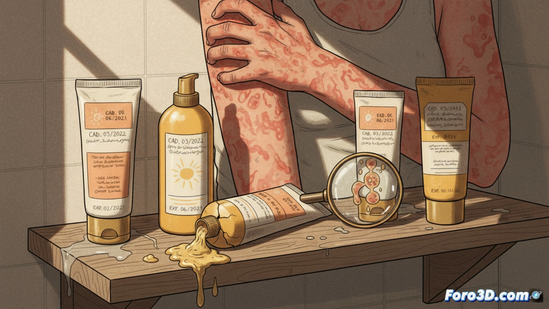 persona aplicando crema solar caducada de un tubo arrugado sobre su brazo, la textura se vuelve grumosa y separada, filtros solares degradados visibles como partículas blancas inactivas, mientras una cámara termográfica muestra manchas rojas de irritación en la piel, proceso de comparación entre un protector solar nuevo y uno vencido bajo luz ultravioleta, tubos abiertos con fechas ilegibles, sobre una encimera de baño desordenada, cinematic photorealistic medical illustration, iluminación quirúrgica fría, texturas de piel con poros dilatados y enrojecimiento, fondo con frascos de medicamentos y envases plásticos, render técnico hiperdetallado