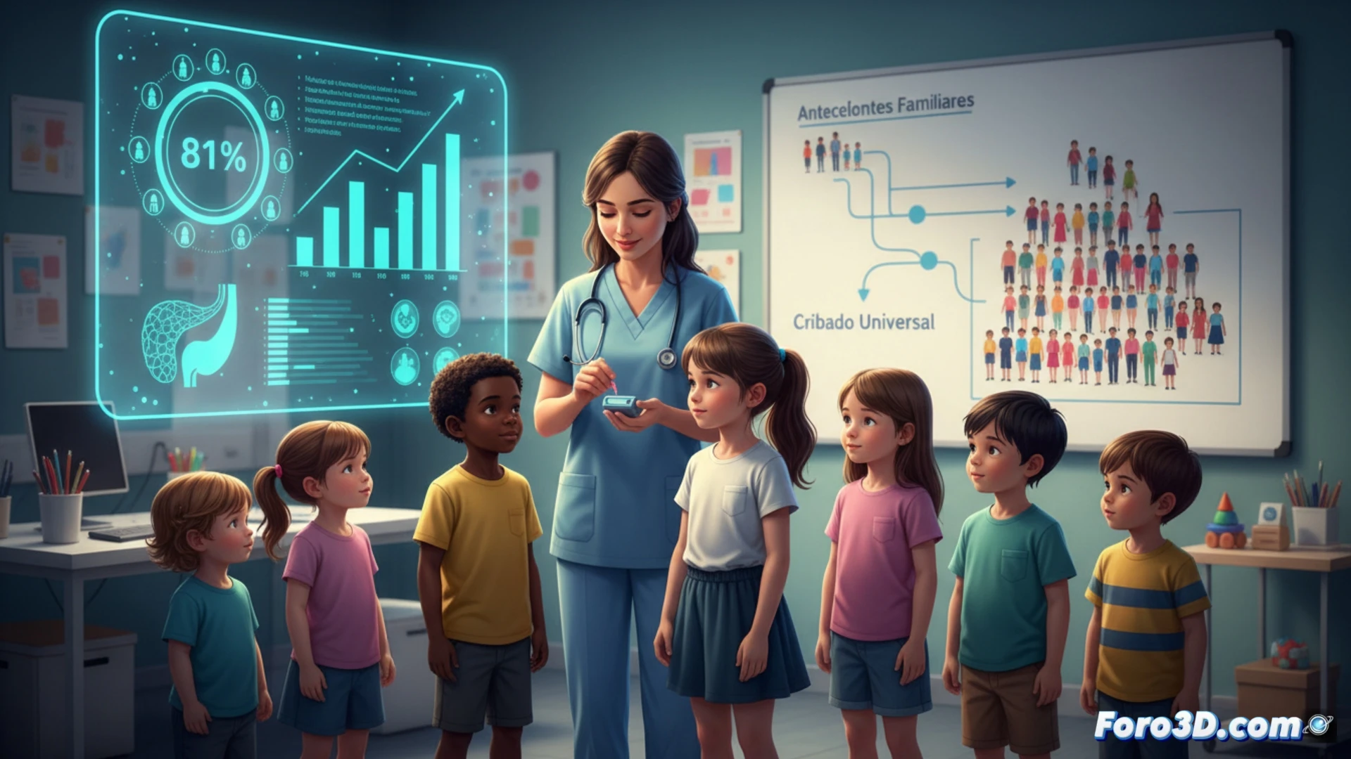 Pediatric clinic scene with a young child holding a small blood droplet collection device, nurse using a tablet showing automated immunoassay analyzer results, graphical interface displaying positive islet autoantibody markers, laboratory robotic arm processing a blood sample vial, diverse children in waiting area representing universal screening, clinical ambient lighting, photorealistic medical illustration, clean white examination room, modern diagnostic equipment, focused action of sample transfer and data analysis, crisp technical details, cinematic depth of field