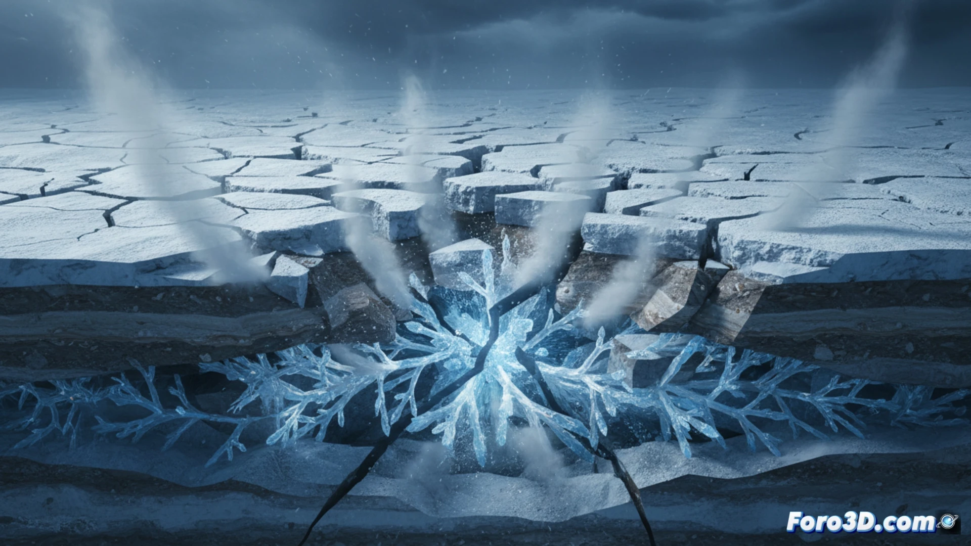 Simulación 3D de crioseismos mostrando grietas en suelo helado y expansión de agua subterránea congelada