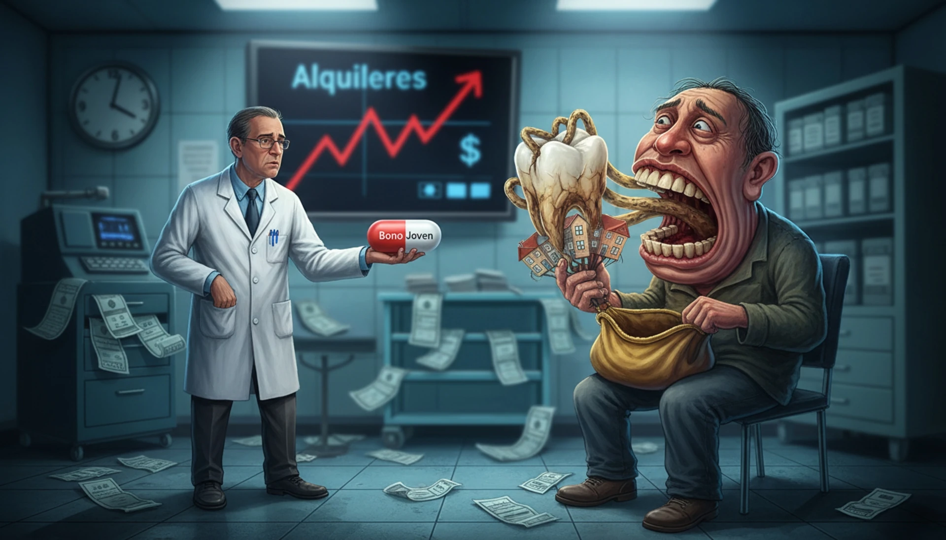 photorealistic medical-operational scene: a dentist in government scrubs holds a giant dental syringe labeled paracetamol, injecting a decaying molar with a cracked root and inflamed gum, while a rent spike graph on a nearby monitor shows red arrow climbing, the tooth sits on a steel tray beside a rusted extraction tool untouched, speculator symbols like dollar signs and key icons float like bacteria around the tooth, clinical white light, surgical lamp focused on the infected area, patient hand gripping chair arm in pain, realistic textures of enamel decay and metal instruments, dramatic shadow contrast, cinematic technical illustration