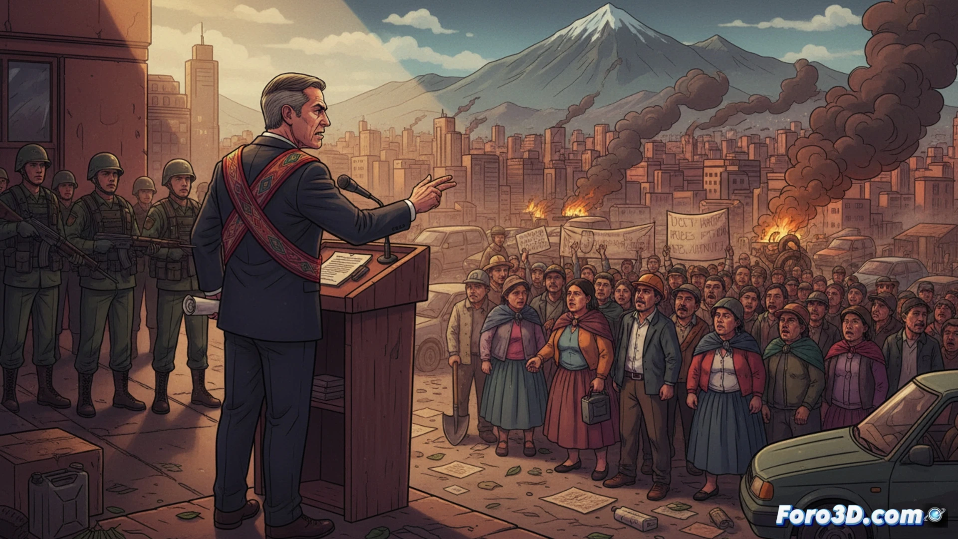 president Rodrigo Paz standing at a podium delivering an ultimatum, union leaders and protesting campesinos facing him with raised fists, blocked highways with overturned trucks and burning tires in background, smoke rising over La Paz cityscape, desolate gas station with empty pumps, military vehicles on standby at the edge of the scene, photorealistic documentary style, dramatic overcast lighting, wide-angle cinematic shot capturing tension between government and protesters, detailed crowd expressions, dust and haze in air, ultra-realistic textures