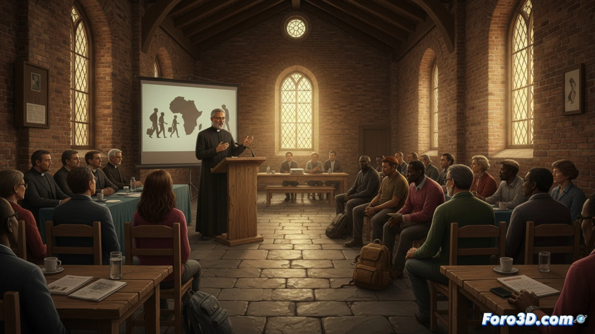 Spacious community hall in Valencia, diverse group seated in circle, priest in collar speaking while gesturing toward open laptop showing migration data map, hands holding coffee cups, papers with migration flow diagrams spread on table, warm sunlight through tall windows illuminating faces, realistic documentary photography style, soft shadows, candid expressions, multicultural attendees, subtle motion in gestures, photorealistic editorial image