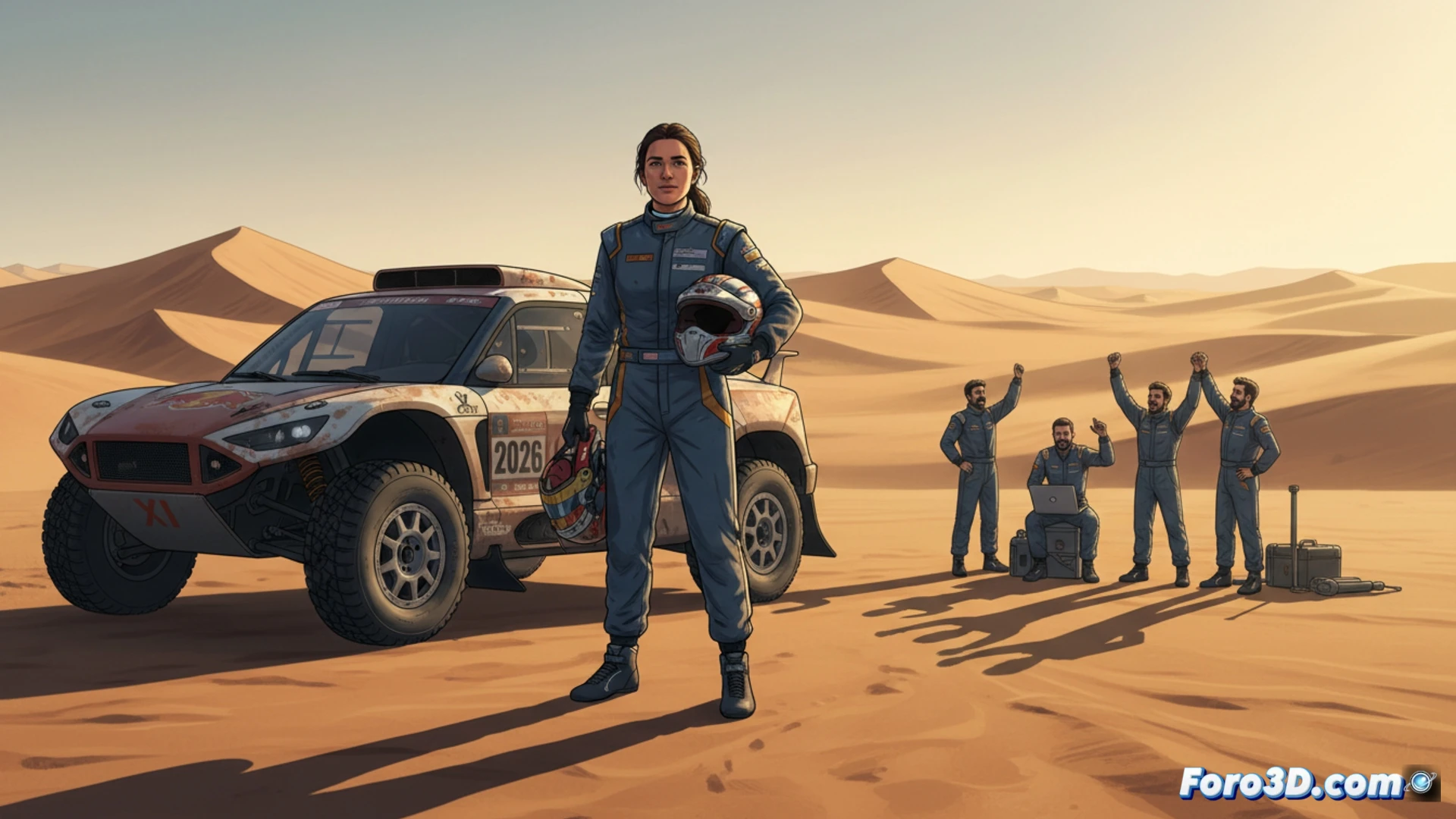 Dakar 2026 rally car crossing a dusty desert dune at sunset, Cristina Gutierrez driving a red Toyota Hilux T1+, mud-splattered tires kicking up sand, co-driver visible through windshield checking navigation tablet, rear suspension compressing over rocky terrain, engine heat shimmer distorting air above hood, cinematic action shot from low angle, dust cloud glowing orange from low sun, mechanical wear visible on front bumper and roof lights, photorealistic motorsport photography style, dramatic golden hour lighting, motion blur on wheels, sharp focus on driver helmet and cockpit details