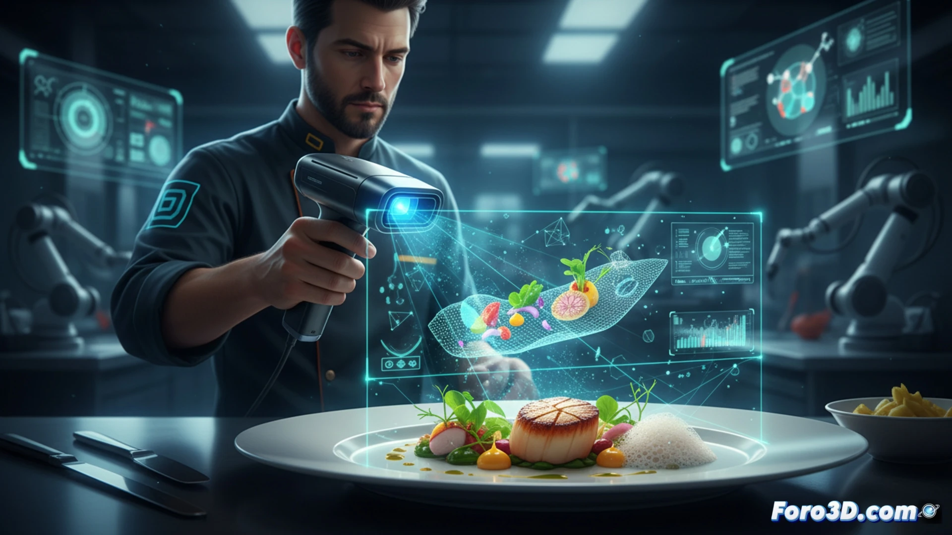 Escáner 3D proyecta luz sobre un plato gourmet, revelando texturas y volúmenes exactos. Manos del crítico analizan datos digitales.