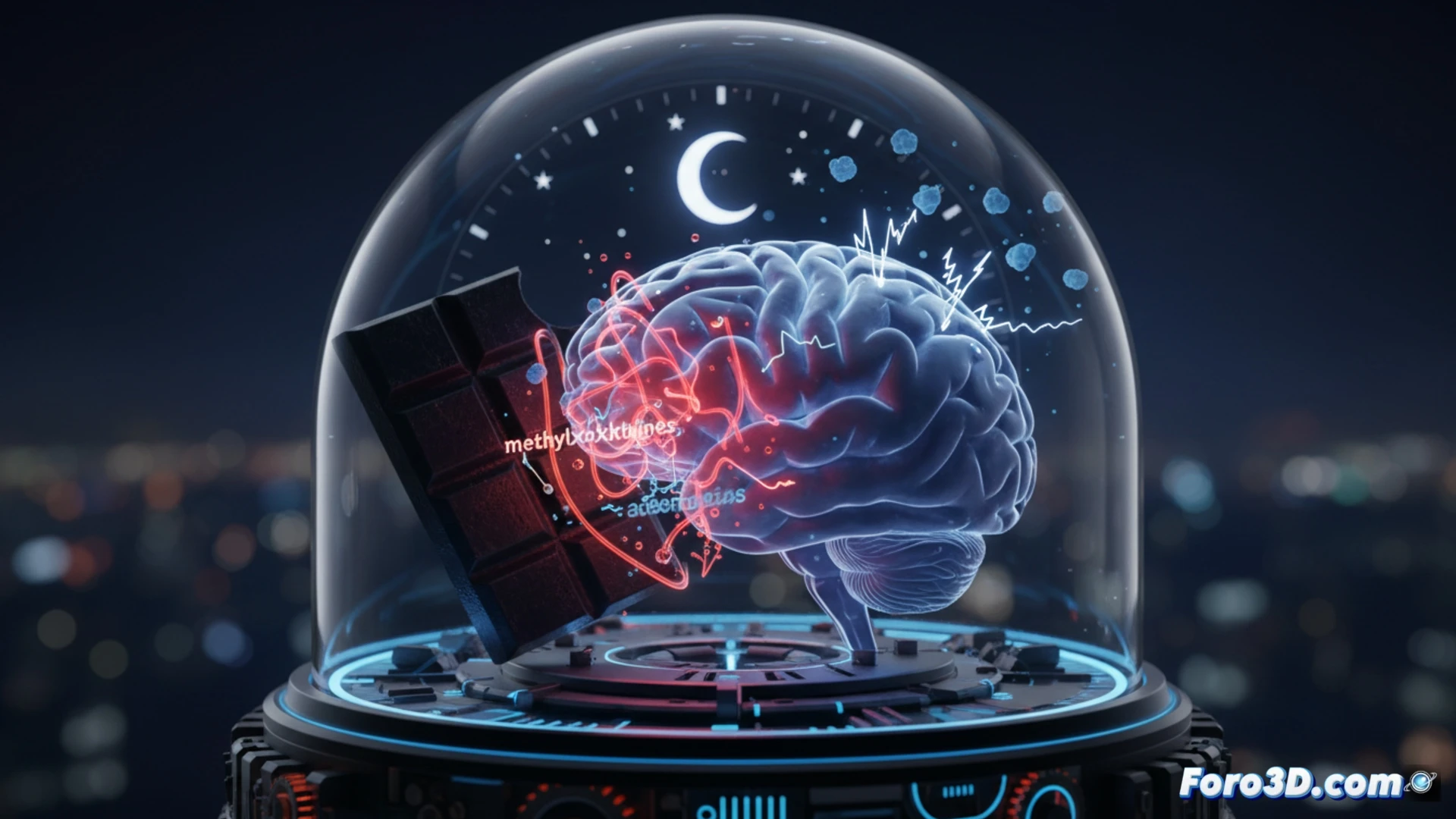 [Ilustración 3D de un reloj despertador con un trozo de chocolate negro y ondas cerebrales alteradas durante la noche]