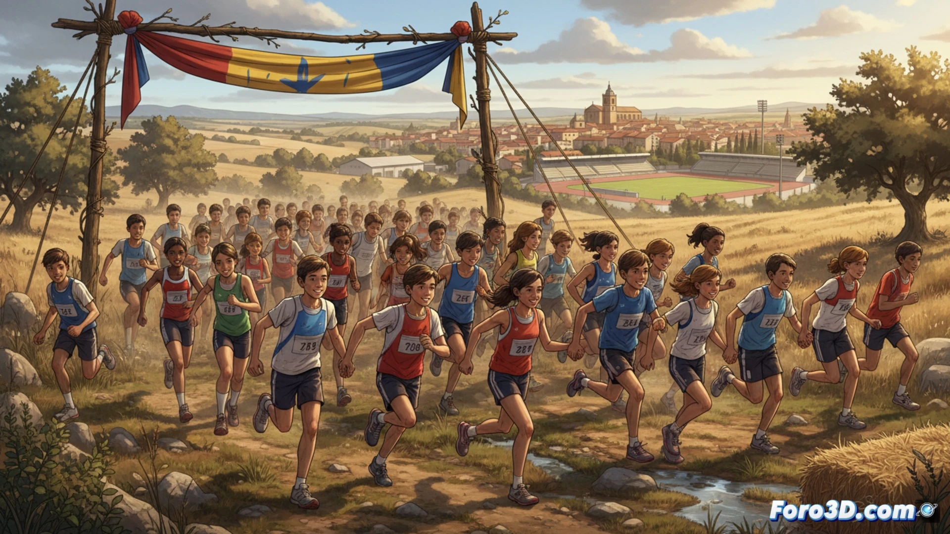 Cross de la Amistad closing ceremony, group of young runners crossing finish line together holding hands, athletic track with numbered bibs, stopwatches and timing sensors on tripods visible, teamwork and cooperation demonstrated as participants embrace after race, outdoor stadium with bleachers and digital scoreboard in background, golden sunset lighting, motion blur on running legs, sweat droplets and dust particles suspended in air, photorealistic cinematic style, vibrant sportswear colors, ultra-detailed facial expressions of joy and effort, technical sports photography aesthetic