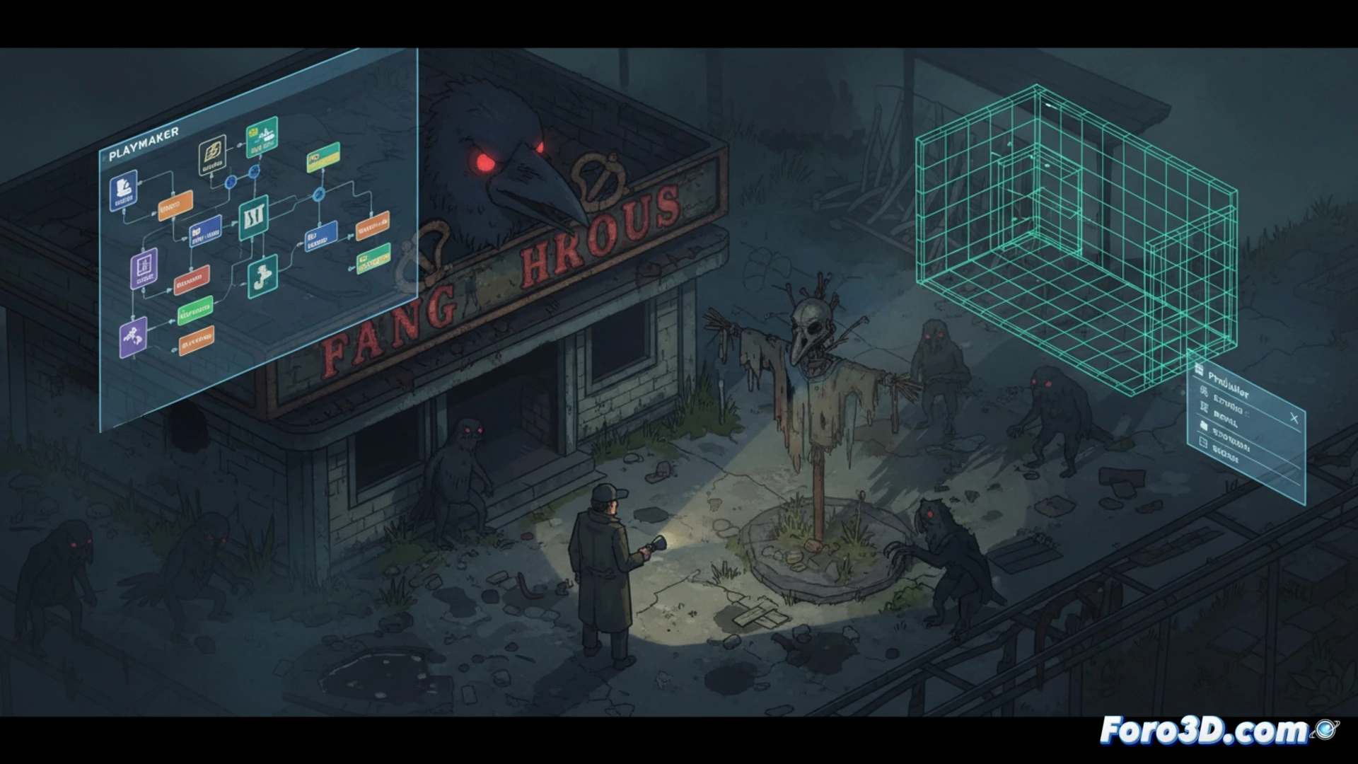 Captura de Crow Country mostrando su estilo gráfico retro de survival horror con sombras poligonales y texturas pixeladas