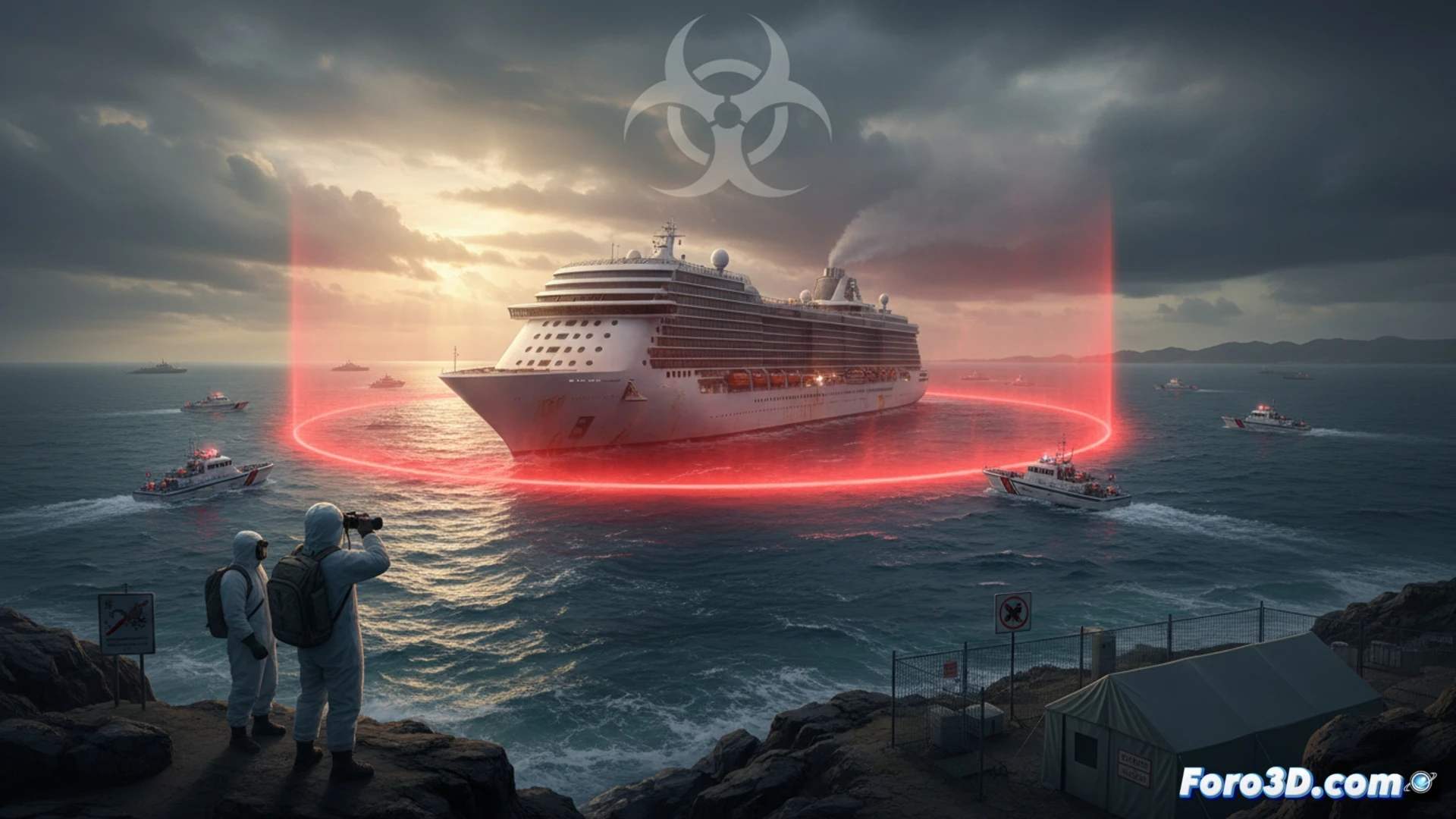 Un gran crucero blanco atracado en un puerto canario, rodeado de agentes sanitarios con trajes de protección y vallas de cuarentena bajo un cielo nublado.