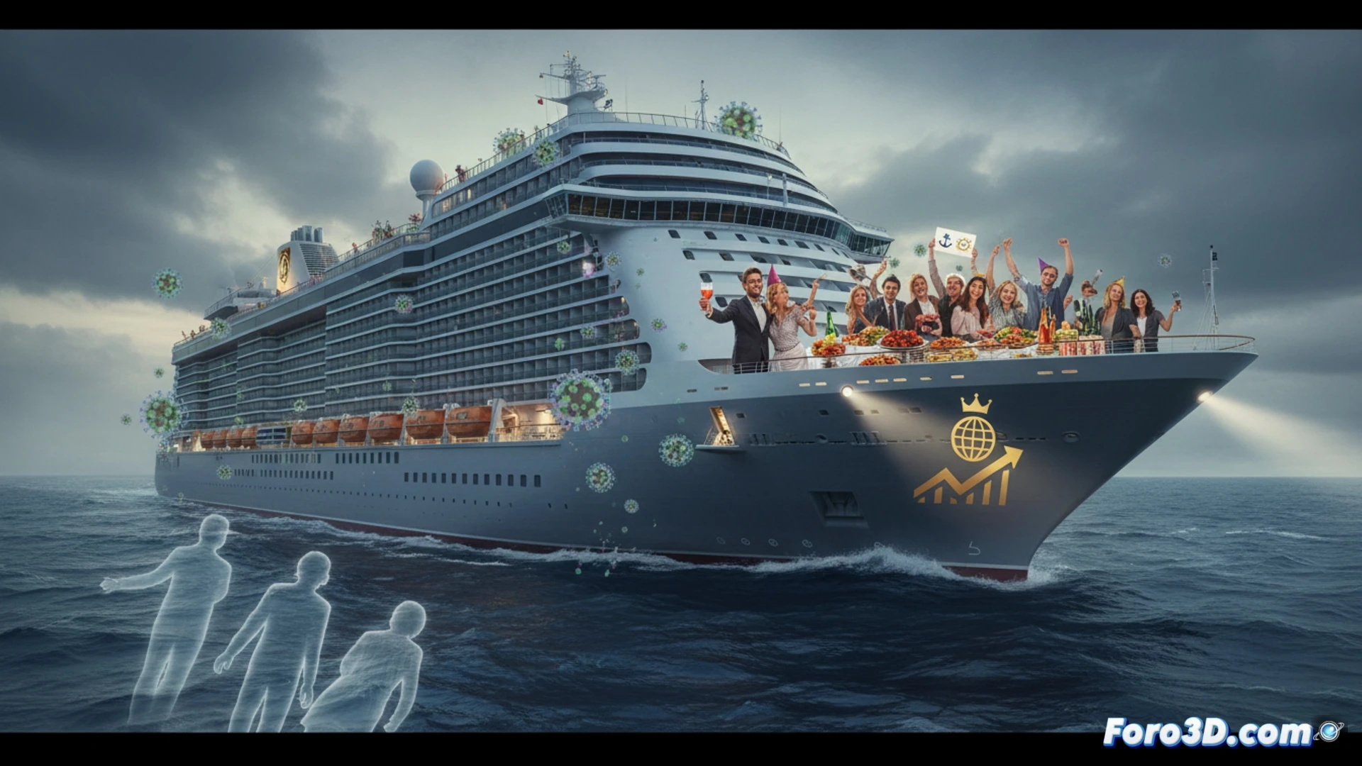 Un gran crucero iluminado navega en mar abierto al atardecer. En primer plano, siluetas de pasajeros sonrientes en cubierta ignoran un cartel de advertencia sanitaria.