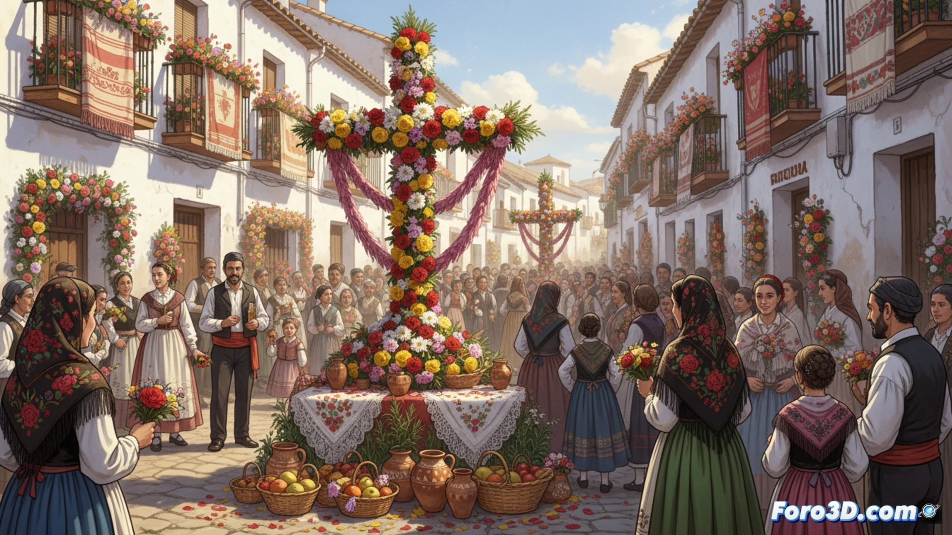 Una calle empedrada de Torralba de Calatrava, con una gran cruz de madera cubierta de claveles rojos y blancos, rodeada de vecinos con trajes típicos y macetas de geranios.