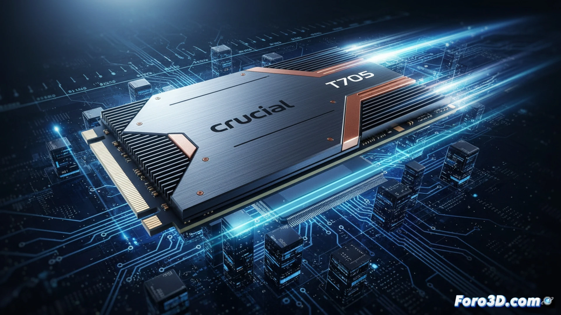 SSD Crucial T705 abierto sobre una placa base iluminada, controlador PCIe 5.0 expuesto, chips NAND visibles, cables de datos SATA desconectados a un lado, herramienta de benchmarking mostrando gráfico de velocidad de 14.500 MB/s en monitor táctil, ventilador de refrigeración activo soplando sobre el disipador, partículas de datos representadas como líneas de luz azul fluyendo del SSD al procesador, fondo oscuro con circuitos brillantes, estilo photorealistic technical illustration, iluminación dramática industrial, detalles metálicos ultrafinos, reflejos en los pines dorados del conector M.2, acción de transferencia masiva de datos en tiempo real