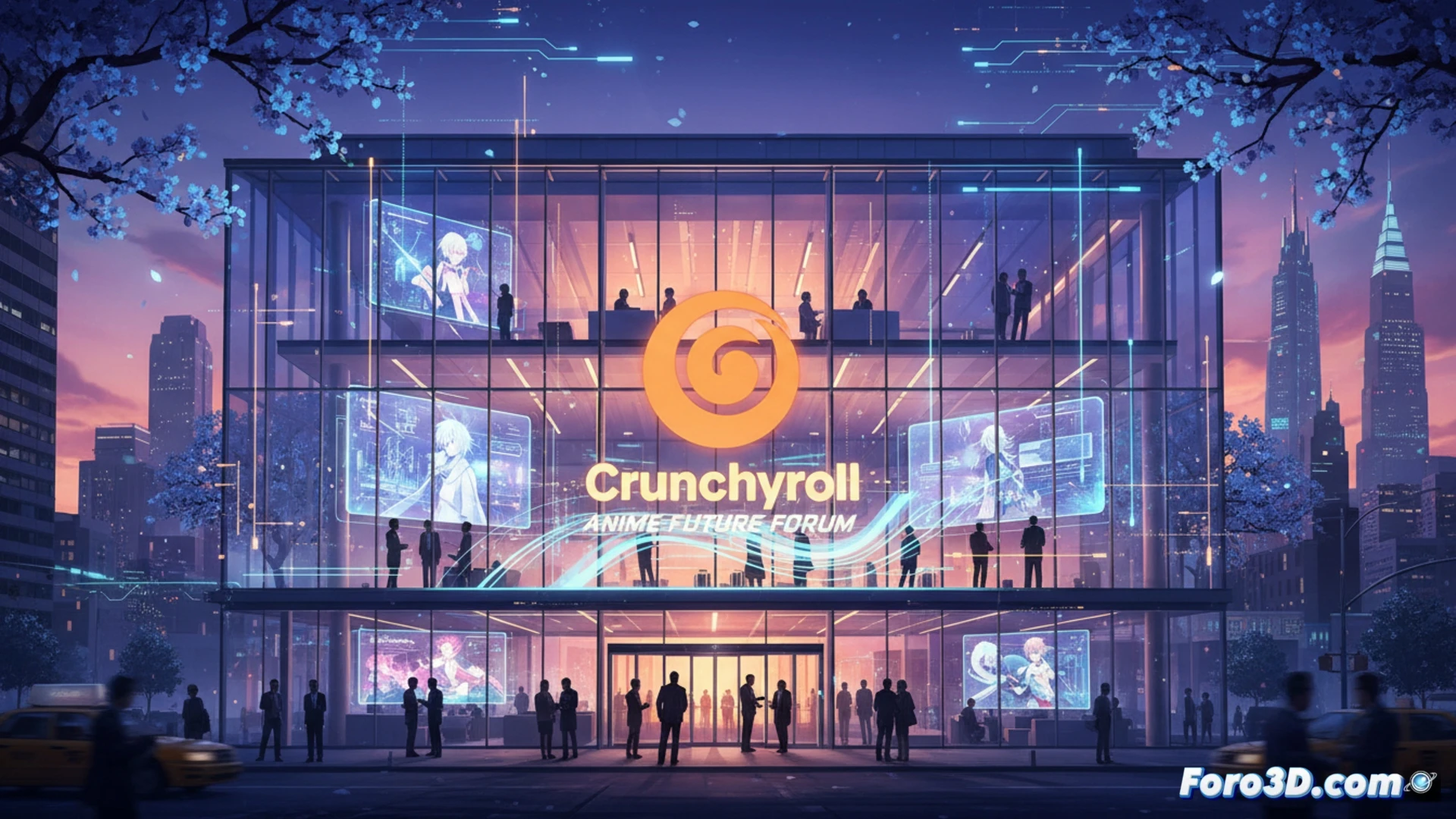 Imagen del Javits Center iluminado con luces neón y pantallas de anime, ejecutivos conversando bajo el lema 'Diseñando el futuro del anime'.