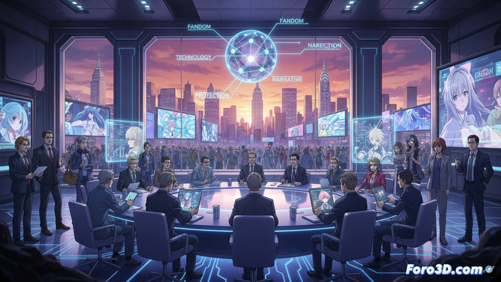 anime creators and tech executives gathered around a holographic projection table in a futuristic convention hall, showing a glowing 3D model of a streaming platform interface, a digital pen sketching storyboard frames mid-air, a tablet displaying code for AI-driven animation tools, a cybersecurity shield icon floating above a stack of contracts, cinematic technical illustration style, glass walls revealing the Jacob Javits Center skyline at sunset, dramatic blue and orange lighting, photorealistic render with sharp focus on collaborative action, diverse participants pointing and discussing while holographic data streams flow between them
