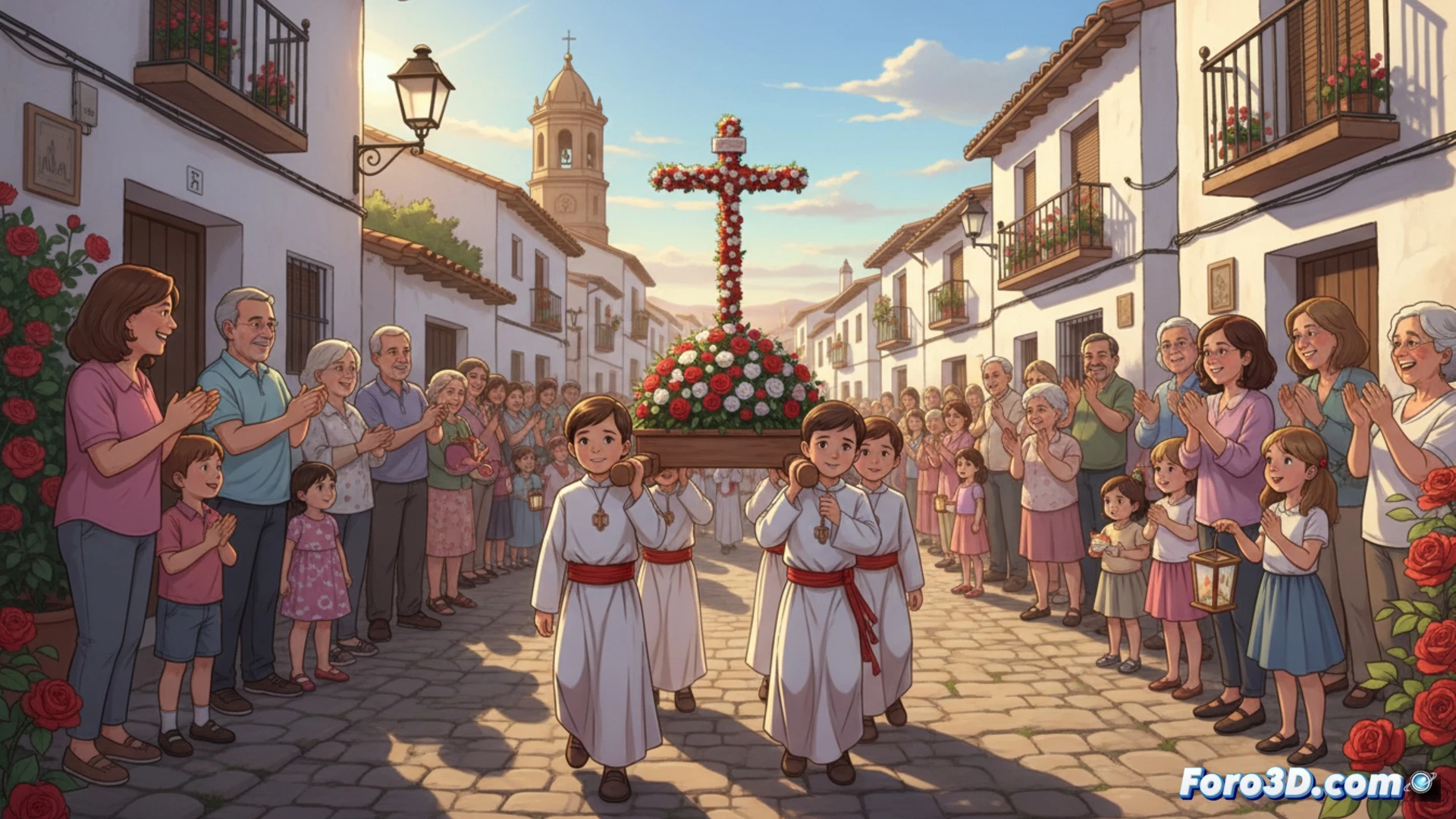 Grupo de niños en túnicas blancas portando un paso infantil de madera tallada con flores rojas y blancas, padres ayudando a ajustar costales y varales dorados, plaza empedrada al atardecer con farolas antiguas, velas encendidas en el paso, movimiento de brazos y piernas sincronizado, expresión de concentración y alegría infantil, técnica cinematográfica con luz cálida de ocaso, sombras alargadas, profundidad de campo desenfocando al fondo, estilo fotorrealista documental, textura de piedra y madera visible, sin texto ni números.