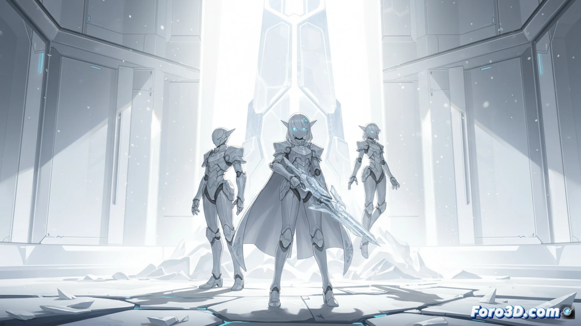 Captura de Crymachina mostrando personaje de porcelana con luz blanca pura en fondo espacial minimalista.