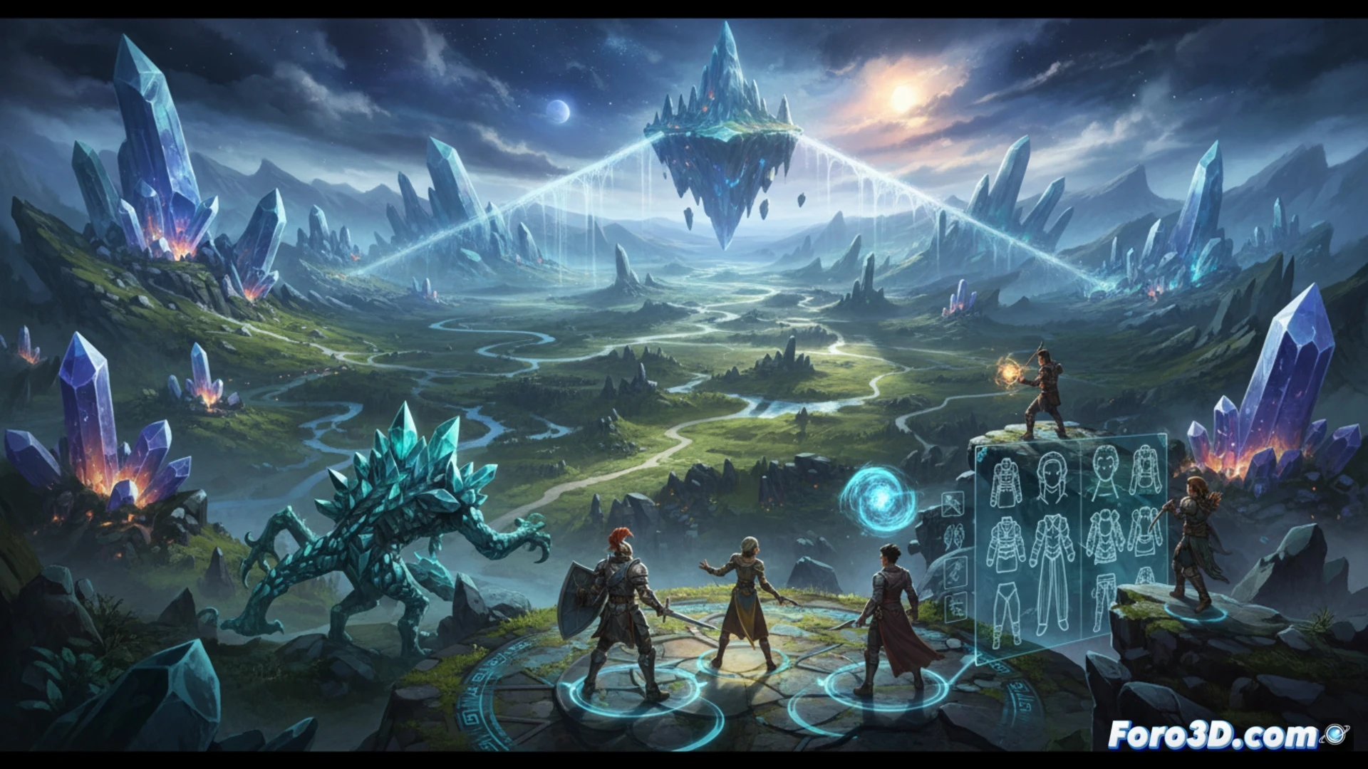 open world fantasy landscape with no visible loading zones, a party of three adventurers crossing a grassy bridge over a glowing river, one character mid-jump with cape flowing, another casting a tactical turn-based spell targeting a distant crystal golem, interface elements like class icons and adjustable difficulty sliders floating subtly in the upper corners, seamless horizon blending into mountains without fog or smoke, cinematic photorealistic rendering, bright natural sunlight casting long shadows, detailed character armor and weapon textures, dynamic action pose demonstrating uninterrupted exploration, technical illustration style with sharp focus and depth of field