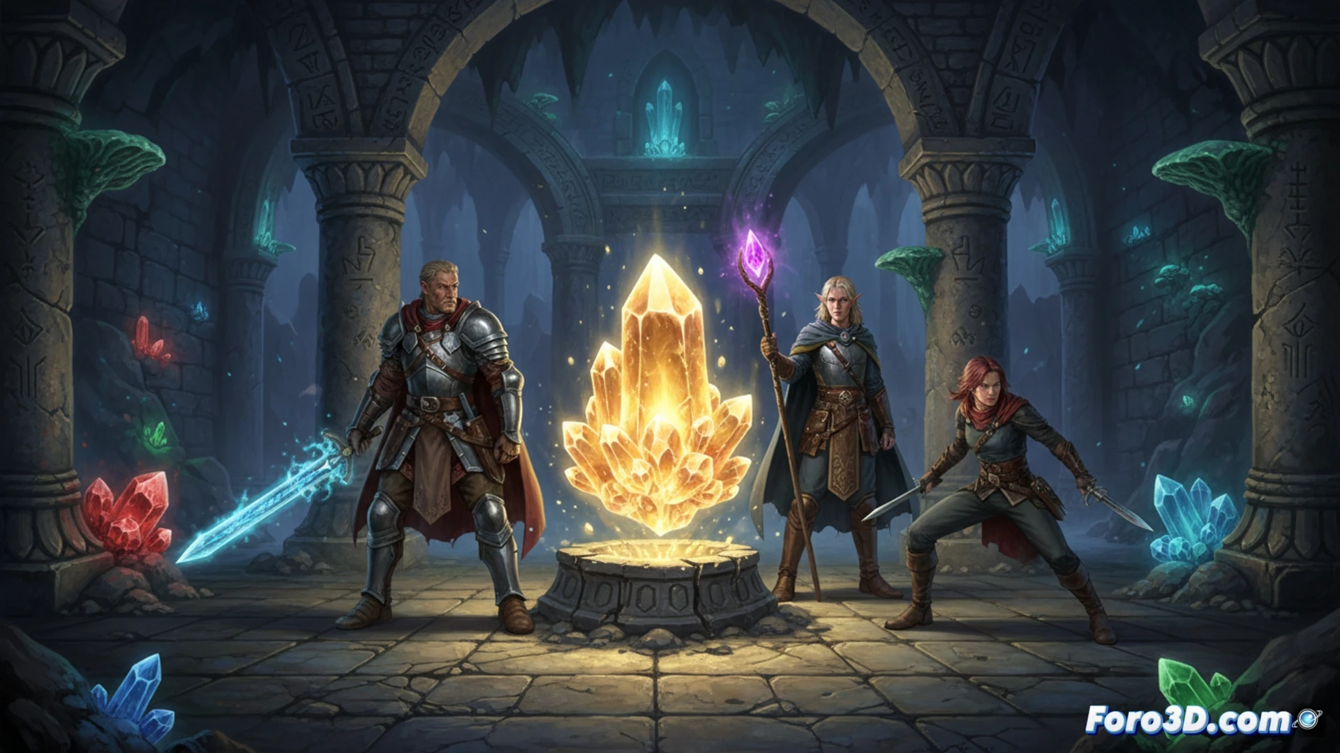 three fantasy heroes in a dark dungeon chamber facing a glowing crystal pedestal, one rogue dodging a fire trap while a mage casts a blue energy bolt at a stone golem, turn-based tactical grid lines faintly visible on the floor, glowing red blue and green crystals embedded in the walls, classic RPG party formation with swords magic and shields, cinematic isometric view, dramatic torchlight and magical glow, medieval stone architecture with moss and runes, retro pixel-art aesthetic blended with modern volumetric lighting, high-contrast shadows, action frozen mid-combat showing movement and positioning