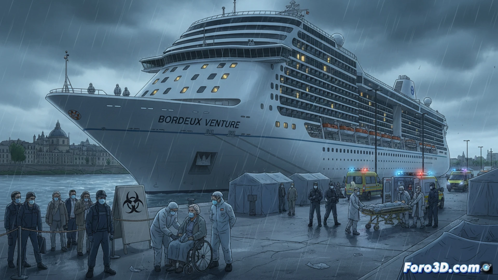 Un crucero atracado en Burdeos, con pasajeros en cubierta bajo vigilancia sanitaria, tras brote de gastroenteritis y muerte de un anciano.