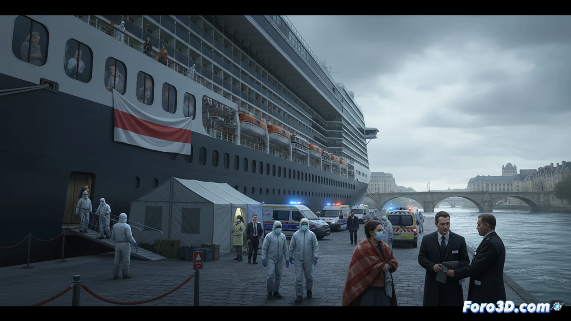 Crucero atracado en Burdeos bajo cuarentena por norovirus; personal sanitario y pasajeros en cubierta con mascarillas.