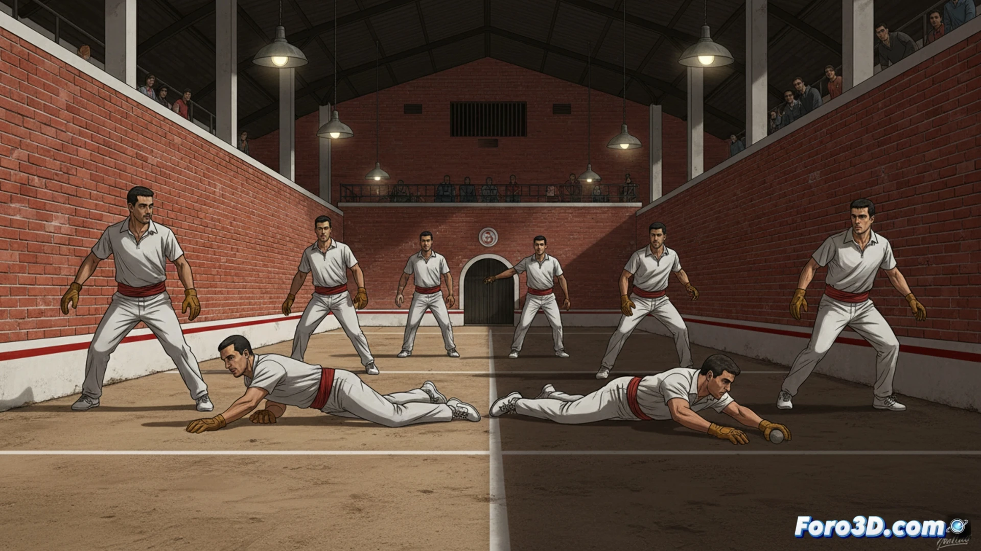 Ocho jugadores de raspall, mirada firme, en un trinquete bajo luz intensa, listos para la batalla por el título.