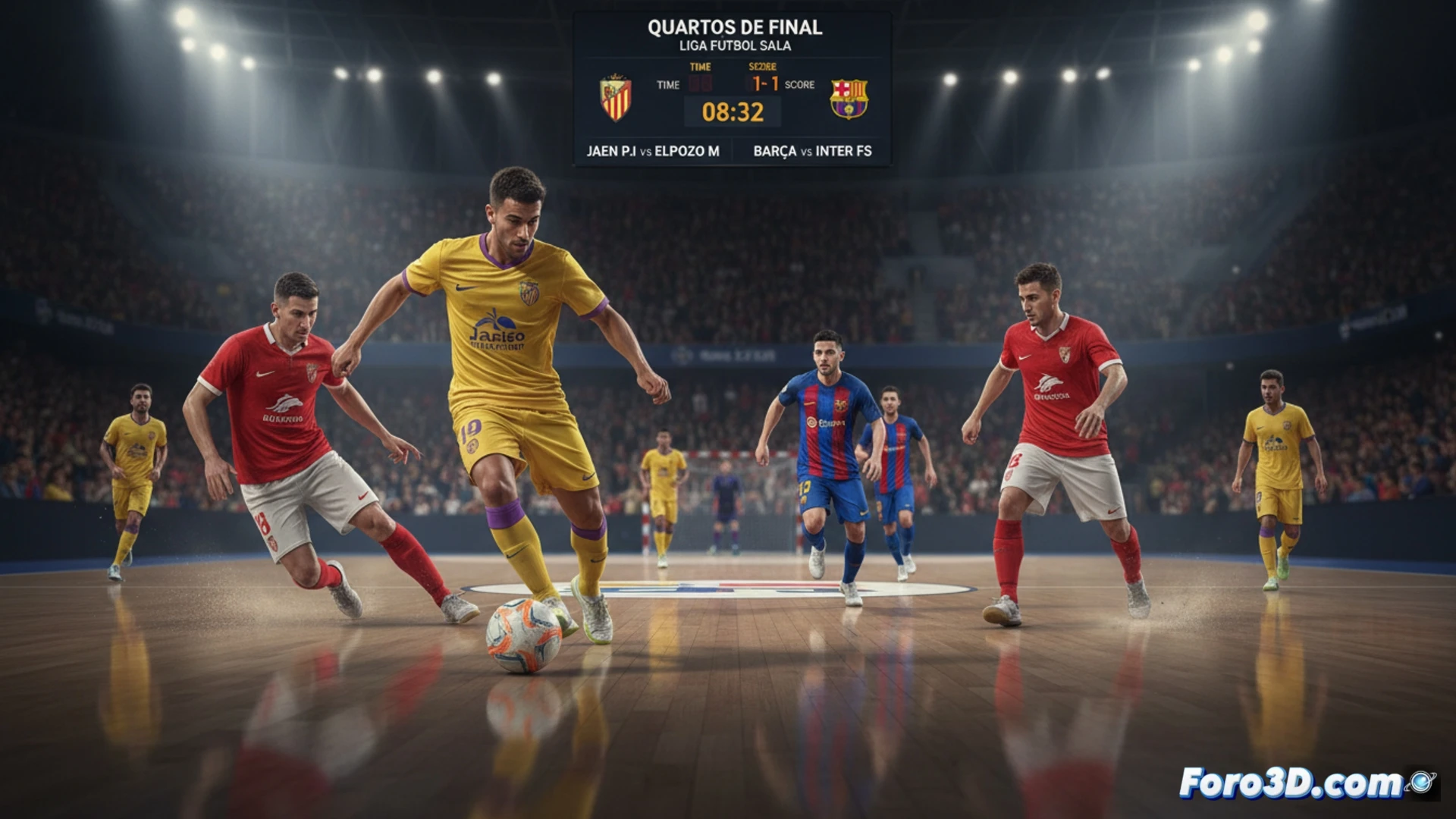 futsal match quarter-final action, Jaen Paraiso Interior player executing a high-speed pivot shot while ElPozo Murcia goalkeeper dives diagonally, ball compressing against the polished floor with friction marks visible, dynamic body collision between defenders, overhead LED arena lights casting sharp shadows, photorealistic sports visualization, motion blur on players jerseys, sweat droplets suspended mid-air, tactical formation lines faintly glowing on the court, ultra-detailed synthetic turf texture, dramatic low-angle cinematic lens, high-contrast lighting emphasizing muscular tension and rapid footwork.