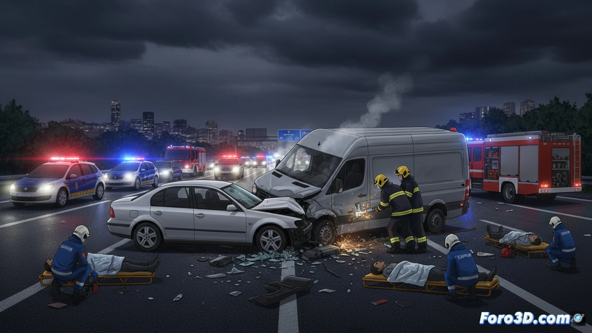 Accidente en M-40 salida 19: coche que huía de policía choca frontal contra furgoneta; bomberos rescatan a conductores.