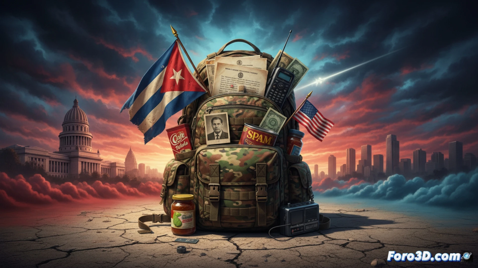 A Cuban family hastily packing a red emergency backpack in a dimly lit living room, documents and a vintage radio being placed inside while canned food spills onto a wooden table, a wall map of Cuba and the US with red tension lines drawn across the Florida Strait, photorealistic cinematic style, dramatic shadows from a single bare bulb, worried expressions, dust particles floating in the air, high contrast lighting, hyper-detailed textures on the backpack fabric and radio dials, technical survival gear visualization