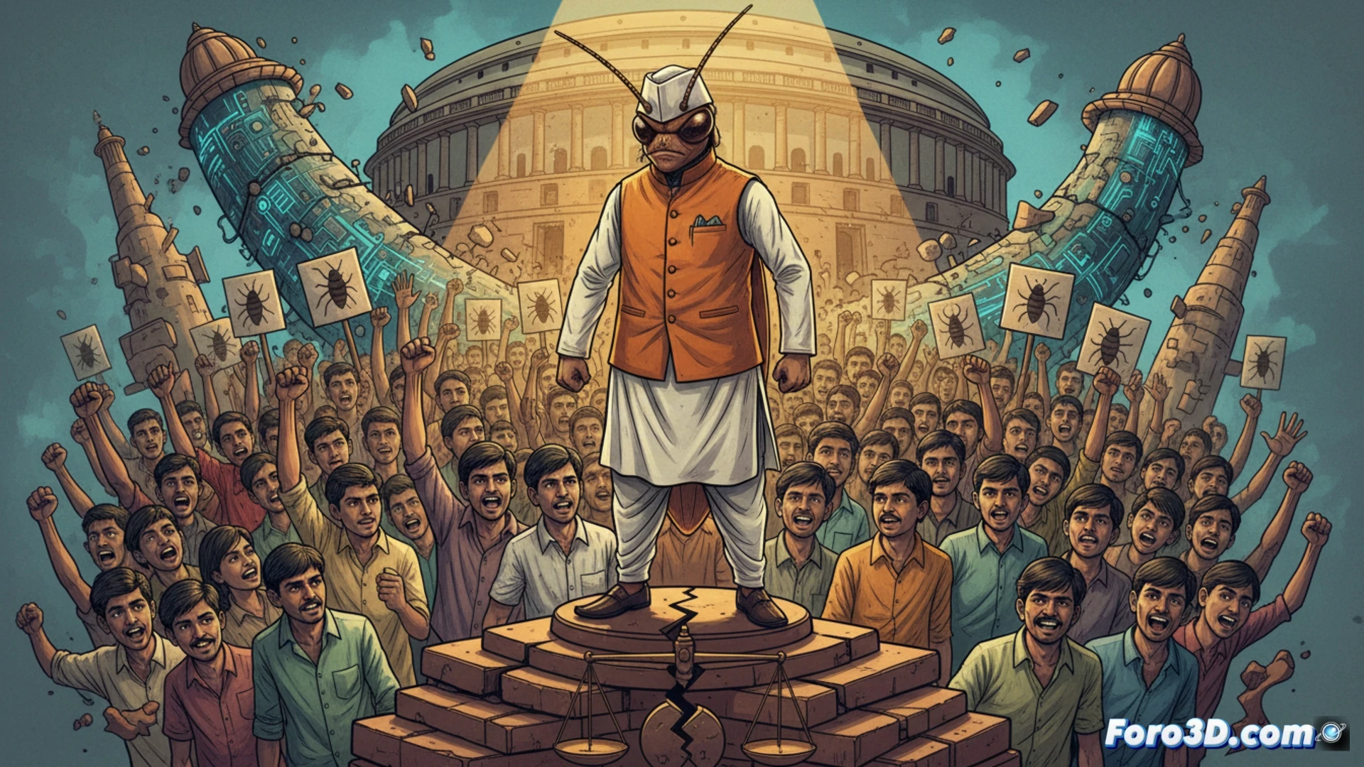 crowd of young Indian protesters holding smartphones with cracked screens, a giant cockroach-shaped puppet towering above them with a judges wig and gavel, digital screens showing social media memes morphing into protest banners, smoke canisters and tear gas drifting through the scene, photorealistic cinematic documentary style, wide-angle lens capturing chaotic movement, faces expressing anger and disillusionment, concrete government building in background with barred windows, dramatic overcast lighting, dust particles suspended in air, gritty urban texture, technical detail on puppet exoskeleton wires and smartphone displays
