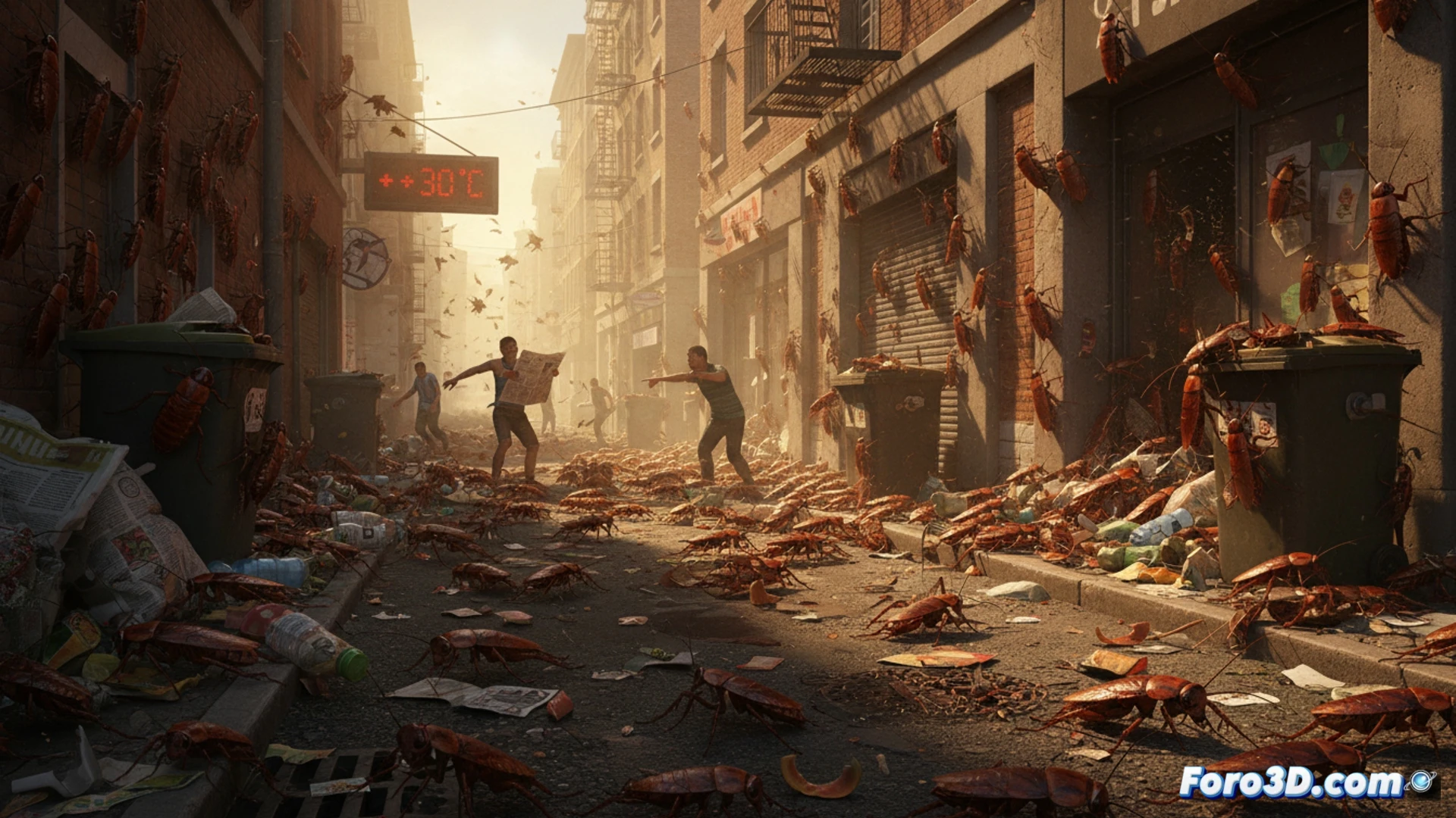 photorealistic urban street scene at dusk, pavement thermometer displaying 30+ degrees Celsius, multiple cockroaches emerging from a storm drain grate, one insect climbing a building wall near an open doorway, another crossing a sidewalk crack towards a discarded food wrapper, heat haze visible above the asphalt, metallic drain cover with condensation, streetlamp casting warm yellow light, cinematic low-angle shot, hyper-detailed insect exoskeleton textures, antennae and legs in motion, demonstrating active colony dispersal during extreme heat, technical illustration style with realistic urban grime and reflections