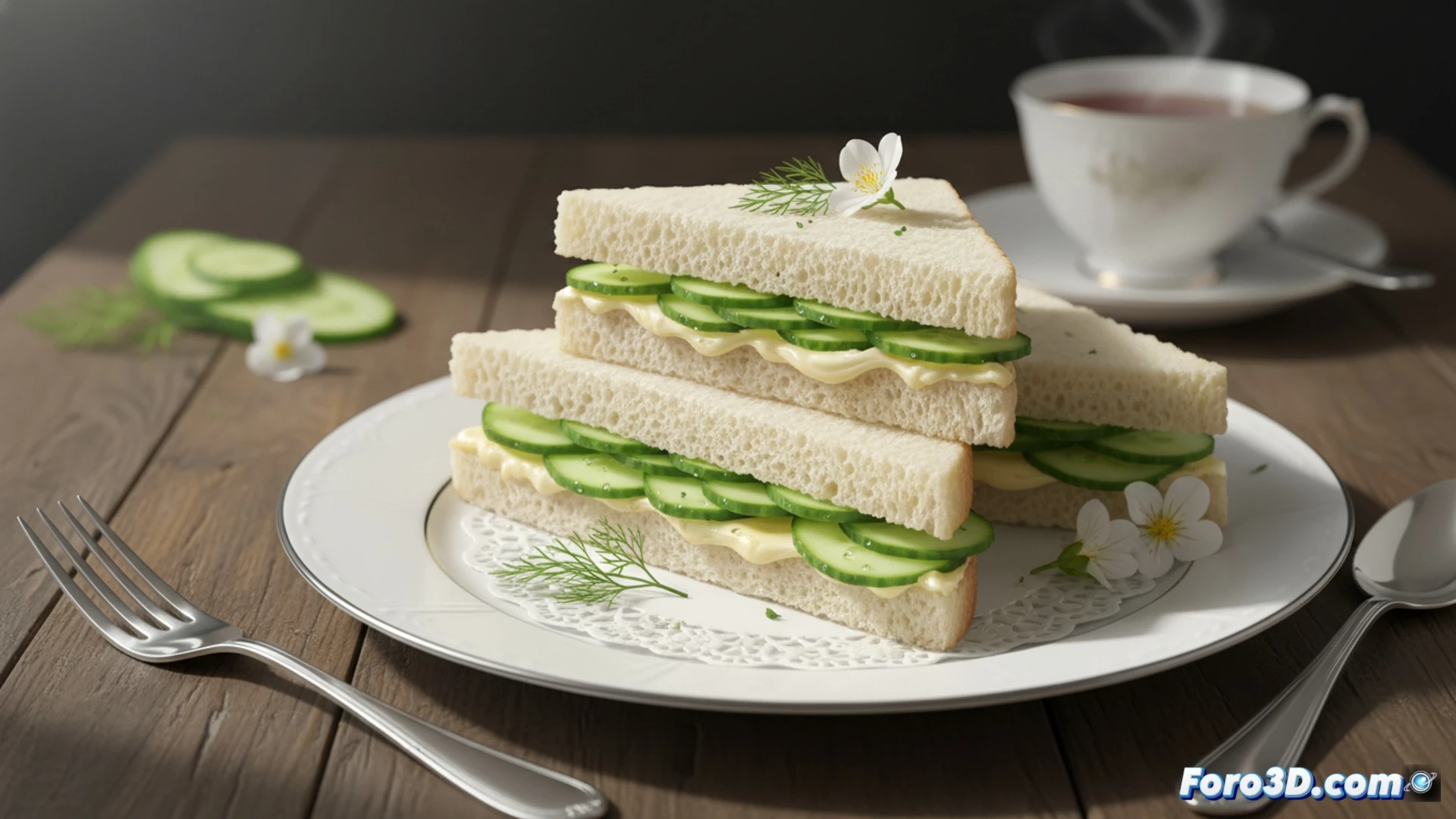 Descripción: Primer plano de un cucumber sandwich triangular, pan blanco sin corteza, finas rodajas de pepino verde y mantequilla cremosa.