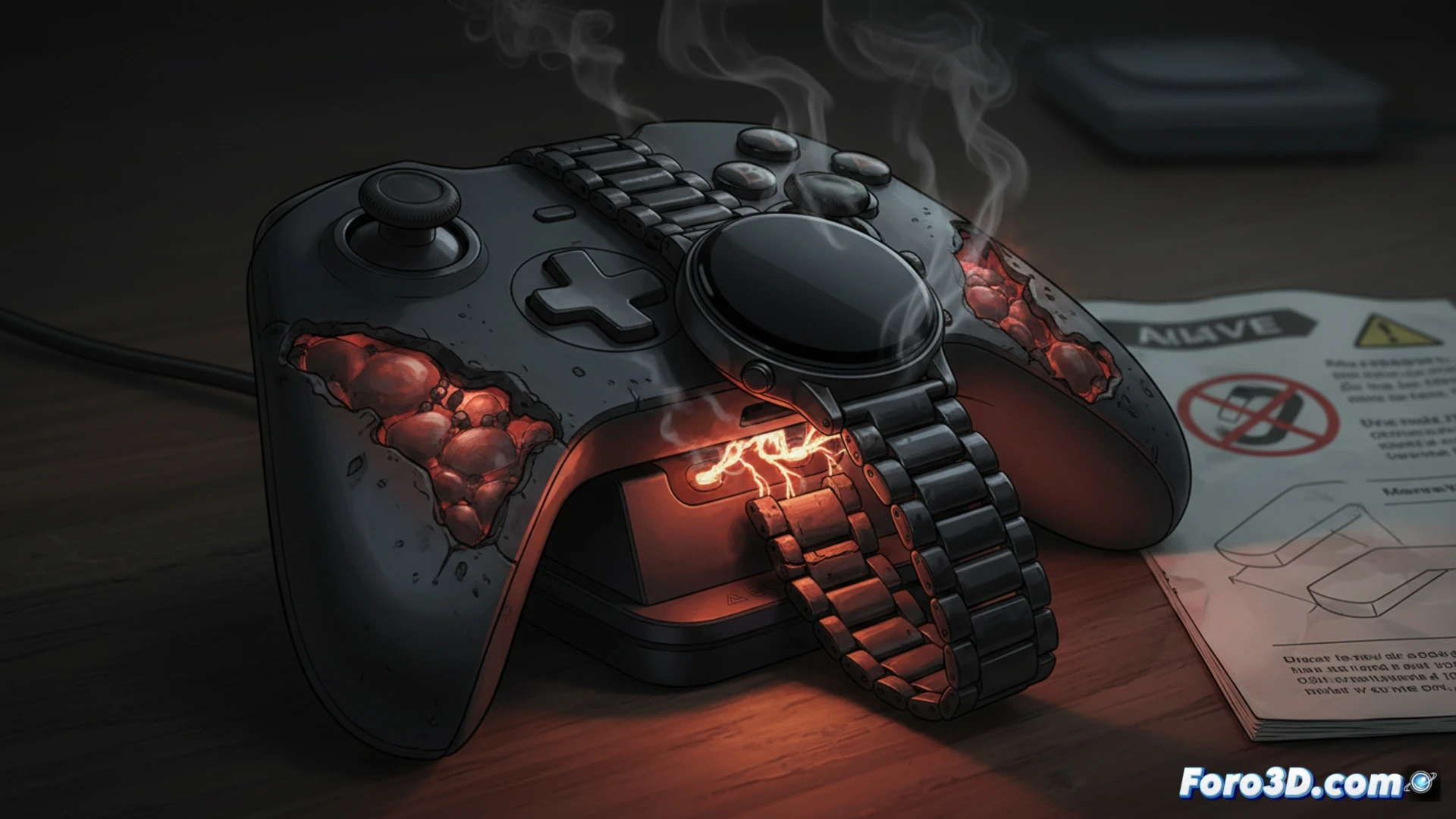 Steam Controller base de carga con pines metálicos expuestos, reloj inteligente con correa metálica cayendo accidentalmente sobre los contactos, chispas eléctricas visibles durante el cortocircuito, humo fino ascendiendo del punto de contacto, mando parcialmente desmontado mostrando circuitos internos y componentes de batería, fondo oscuro con iluminación dramática de taller técnico, estilo cinematográfico fotorrealista, enfoque nítido en la zona de cortocircuito, texturas metálicas reflectantes, ambiente de alta tensión eléctrica