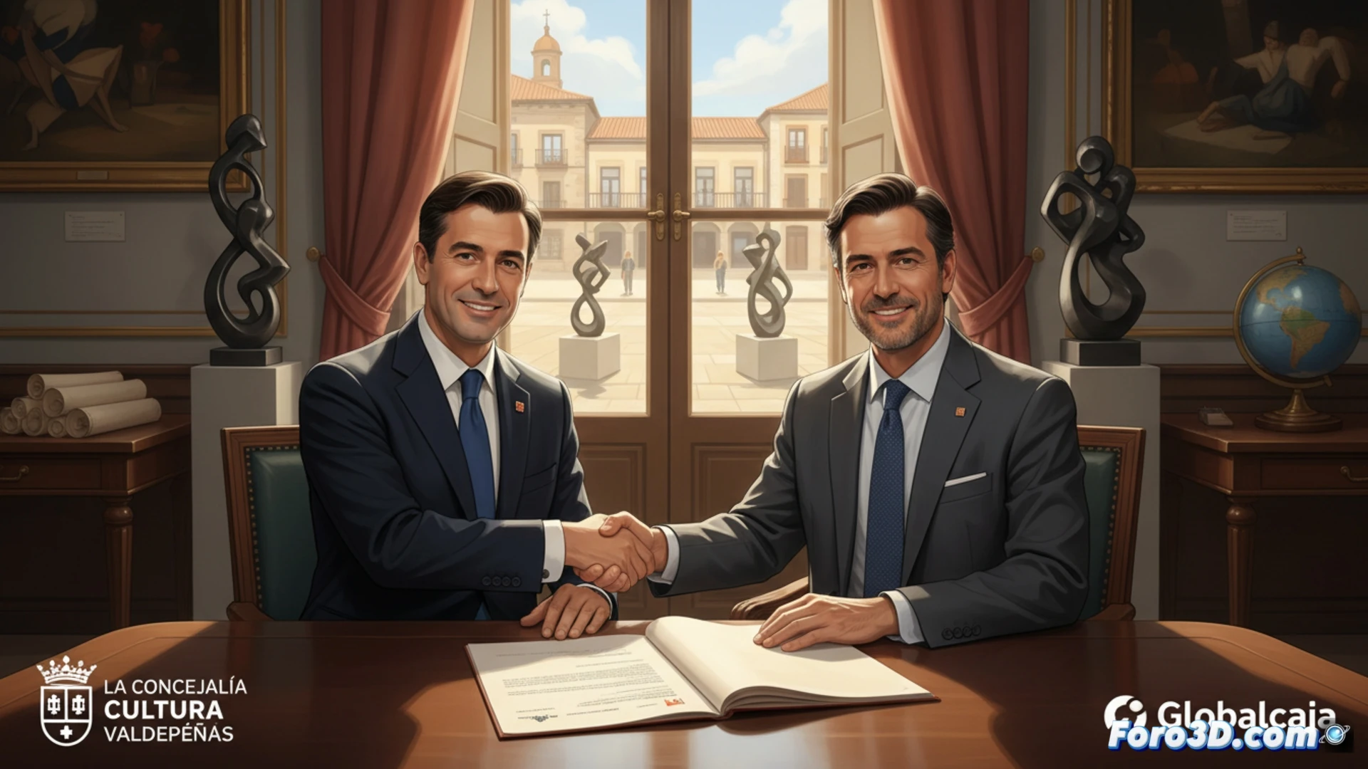 Un apretón de manos entre un representante de Globalcaja y otro de Cultura Valdepeñas, ante un fondo con cuadros abstractos y el cartel de la Exposición Internacional de Artes Plásticas.