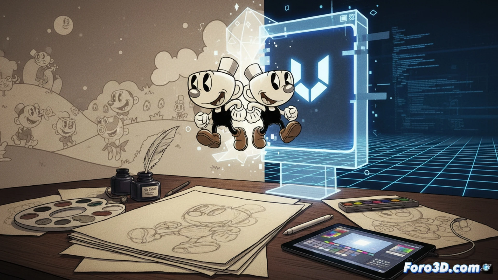 Cuphead animación tradicional papel entintado digital Unity fusión técnica años 30