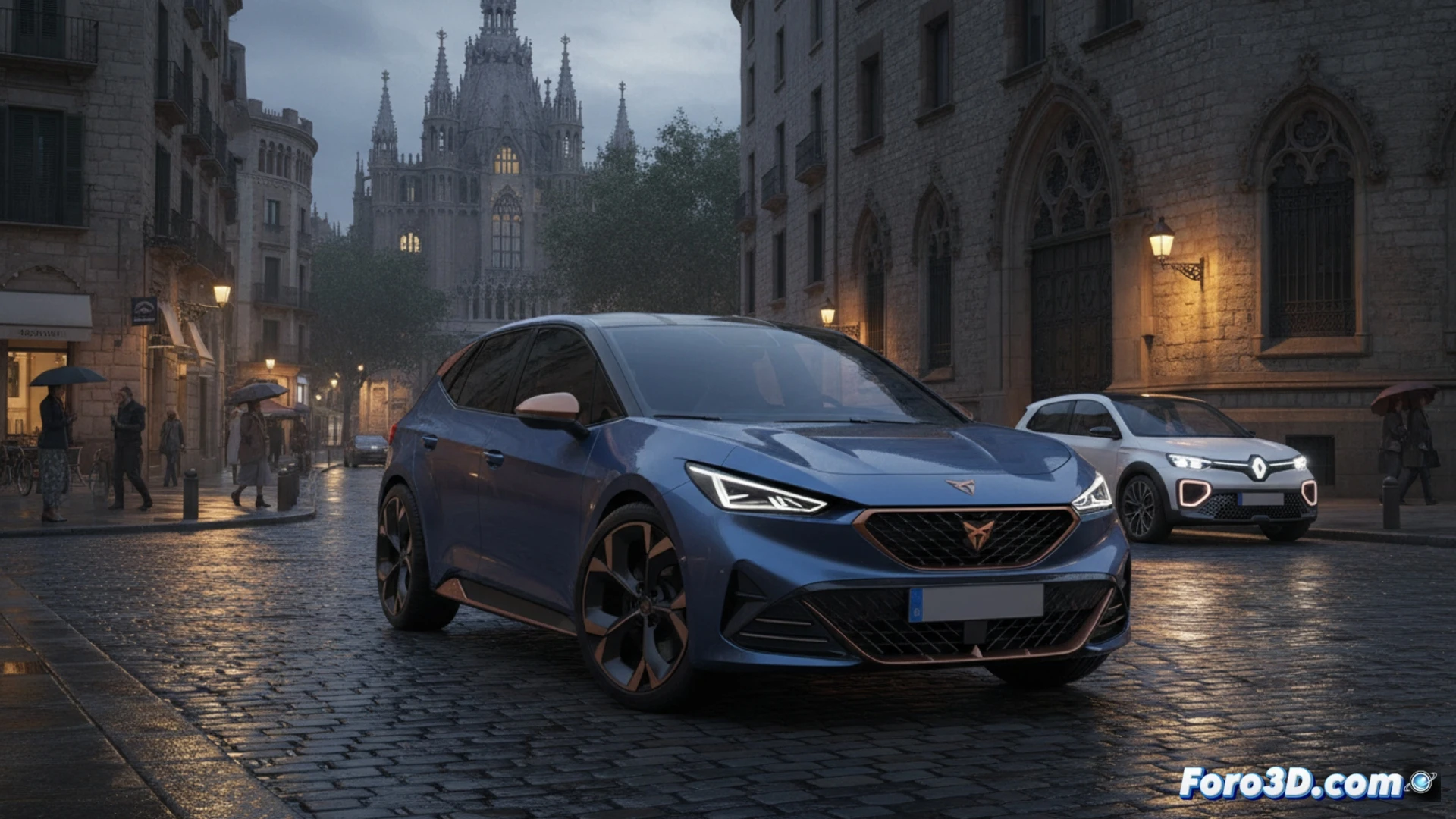 Un Cupra Raval rojo intenso avanza por una calle urbana iluminada, reflejando su diseño deportivo y compacto. Al fondo, un Renault 5 eléctrico circula, simbolizando la competencia directa en el segmento de utilitarios cero emisiones.
