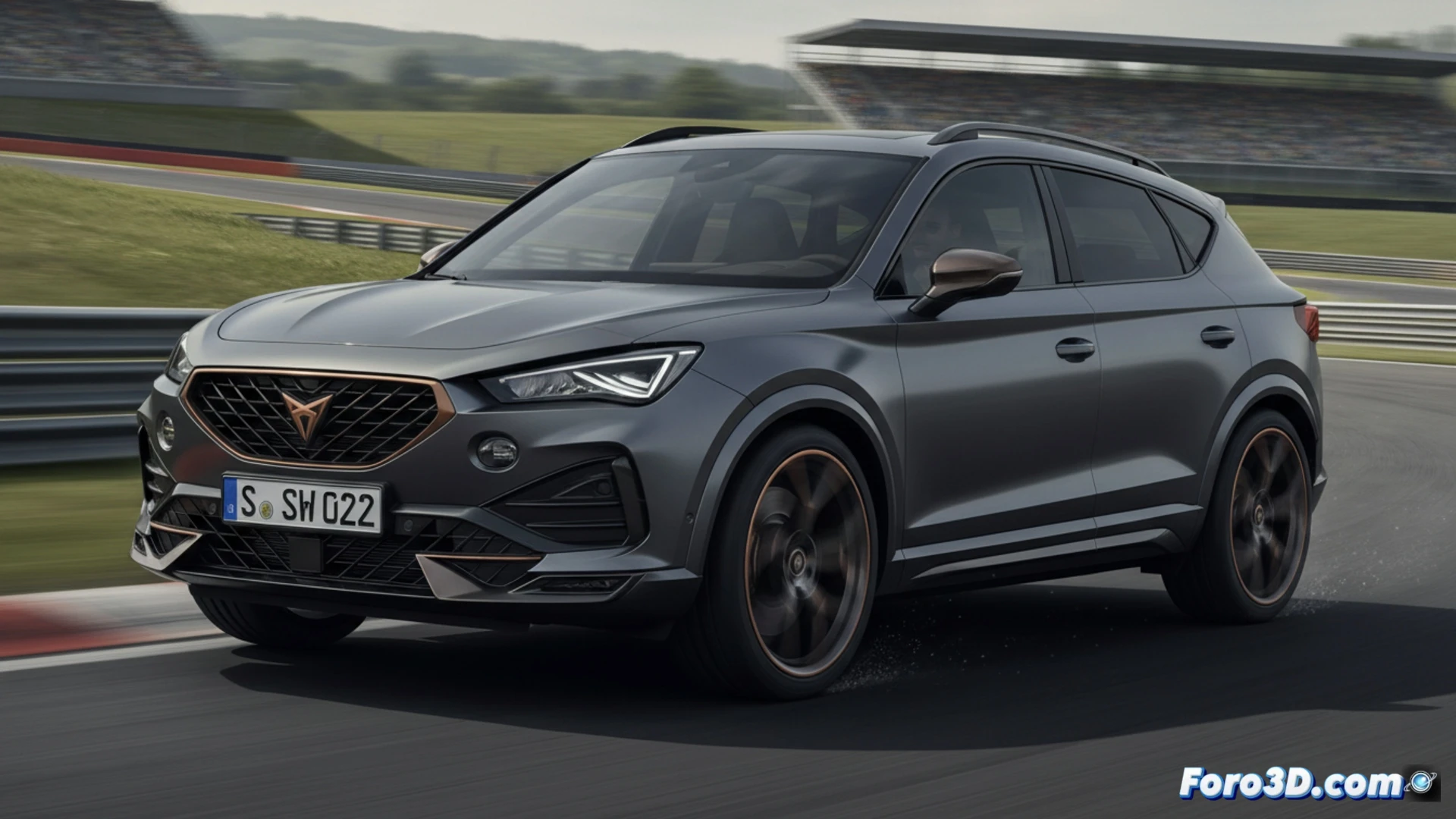 Cupra Terramar VZ Extreme SUV familiar atacando una curva cerrada en Nürburgring, cuatro tubos de escape expulsando gases calientes con llamas visibles, suspensión endurecida comprimida durante el giro extremo, neumáticos traseros perdiendo tracción mostrando humo de goma quemada, difusor trasero aerodinámico y alerón activo en posición máxima, chasis bajo y postura agresiva devorando asfalto, fondo de bosque alemán borroso por velocidad, luz de atardecer cruzando el coche, estilo cinematográfico hyperrealista, textura de carbono en detalles, movimiento congelado en máxima acción