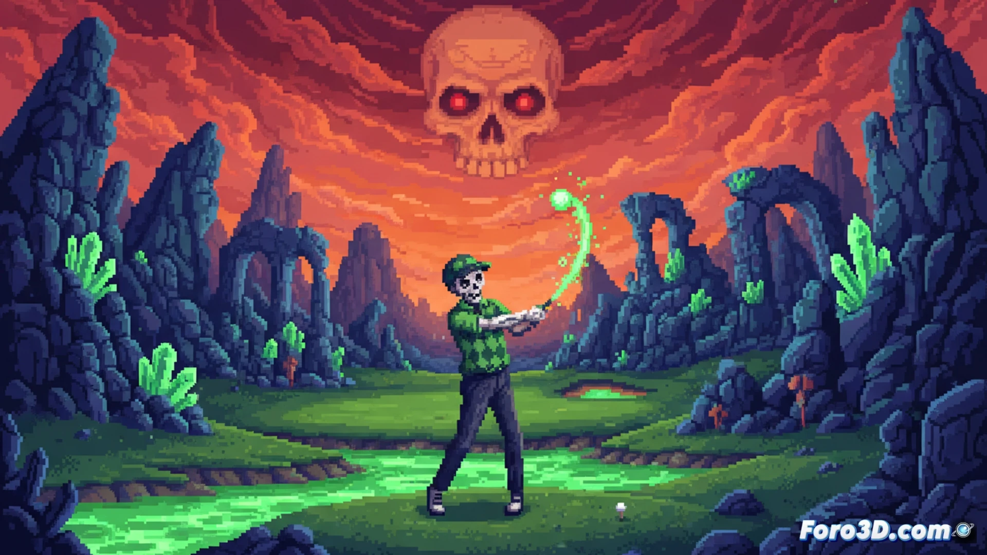 Captura de Cursed to Golf con pixel art, capas de paralaje y efectos visuales en Unity