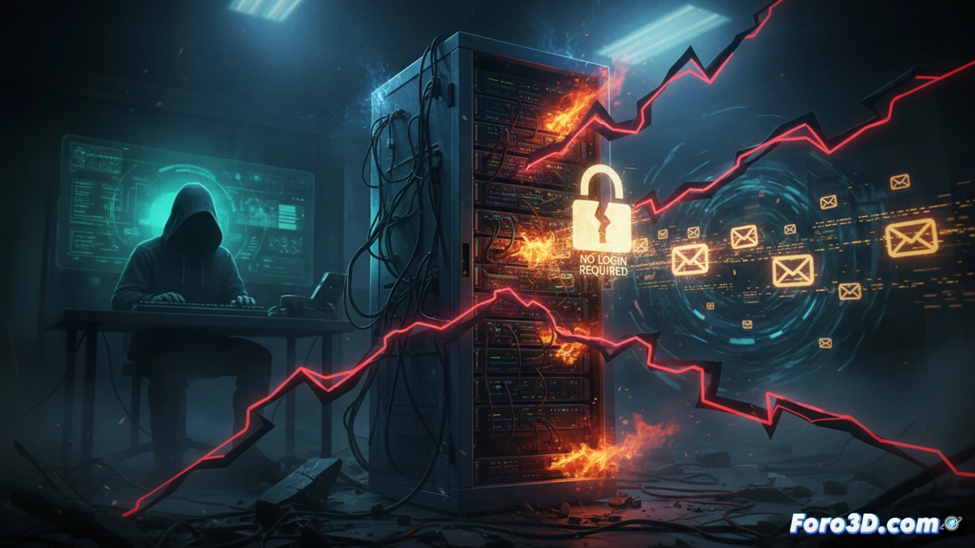 cinematic technical illustration of a Microsoft Exchange server rack under cyberattack, malicious email envelope with glowing red payload entering the server through an open port, unauthenticated access visualized as a broken firewall barrier, data streams flowing from internal hard drives to an external hacker silhouette, process of exploitation occurring without login credentials, glowing red threat indicators on server components, dark server room atmosphere with emergency red lighting, photorealistic engineering render, dramatic shadows, metallic server chassis with blinking LEDs, network cables highlighted with neon tracing, ultra-detailed hardware textures