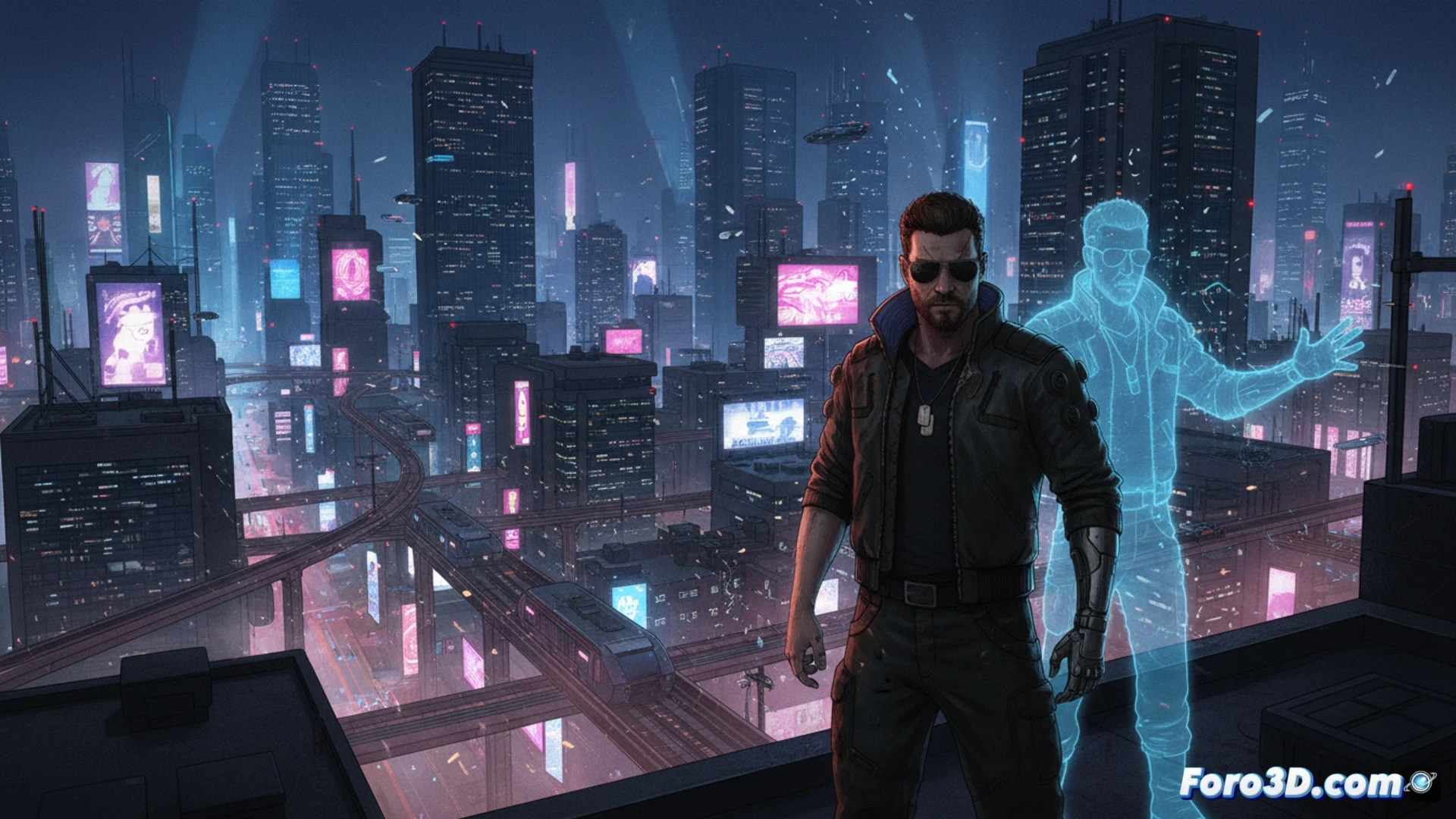 Una silueta de V, con brillo cibernético en la cabeza, mira una ciudad nocturna neón bajo la sombra fantasmal de Johnny Silverhand.