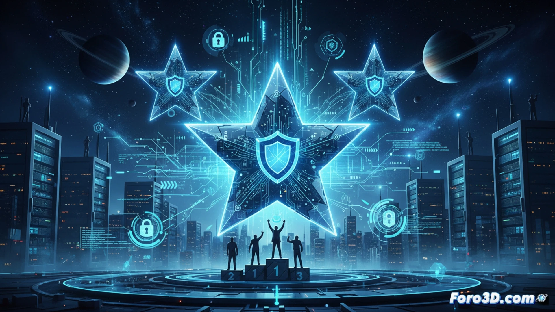 Imagen futurista con trofeo dorado estrellado sobre fondo azul oscuro, rodeado de iconos de ciberseguridad como candados, escudos y códigos binarios. Texto brillante: Cybersecurity Stars Awards 2026.