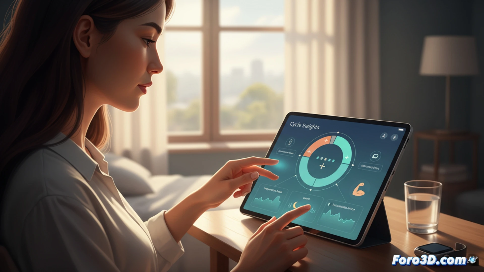Una mujer sostiene un smartphone mostrando la app Cycle Insights, con gráficos de temperatura y sueño junto a iconos de anticonceptivos.
